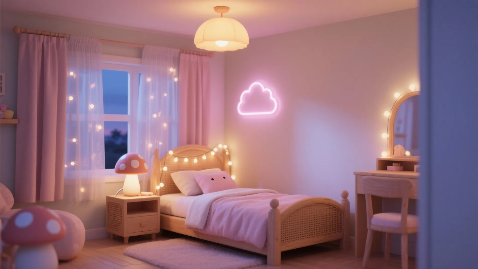 Cozy bedroom at night with mushroom lamp pink cloud light and glowing string lights over bed