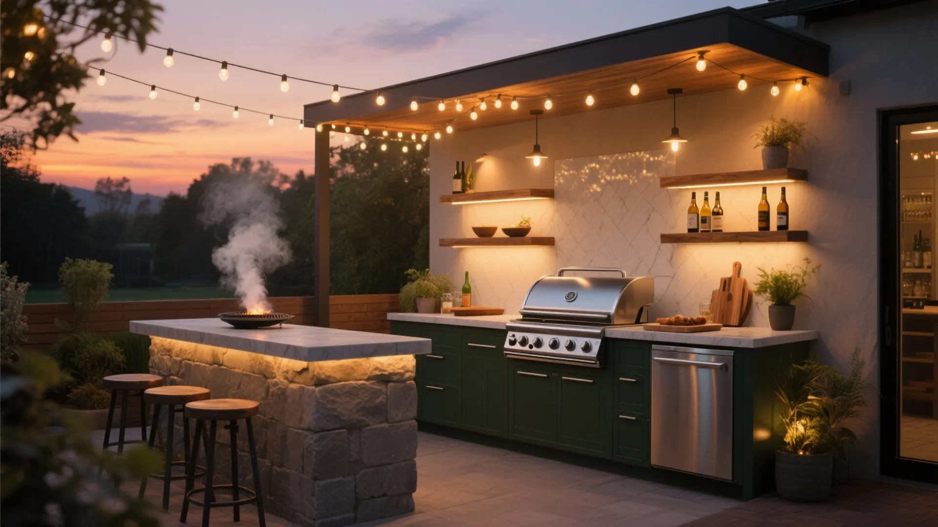Idea 5: Layered lighting and wind-savvy grill placement
