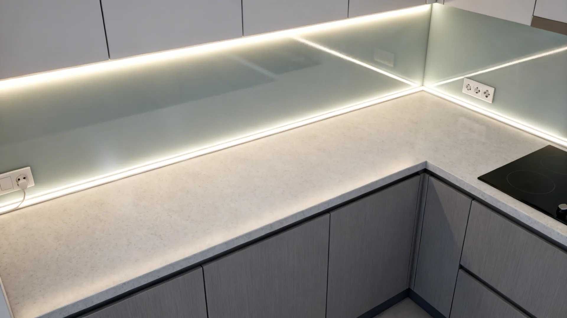 Top-down view showing ambient, task, and accent lighting with a clear prep run in a 6x8 kitchen.