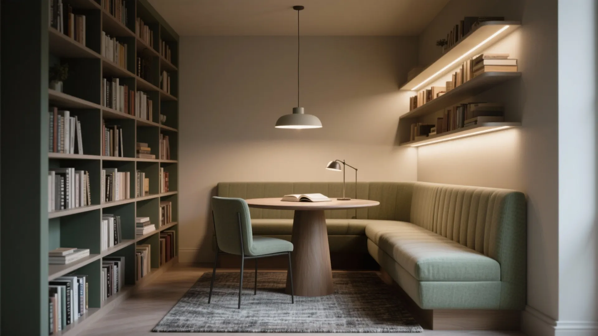 5. Zone the space with lighting and rugs for a library feel