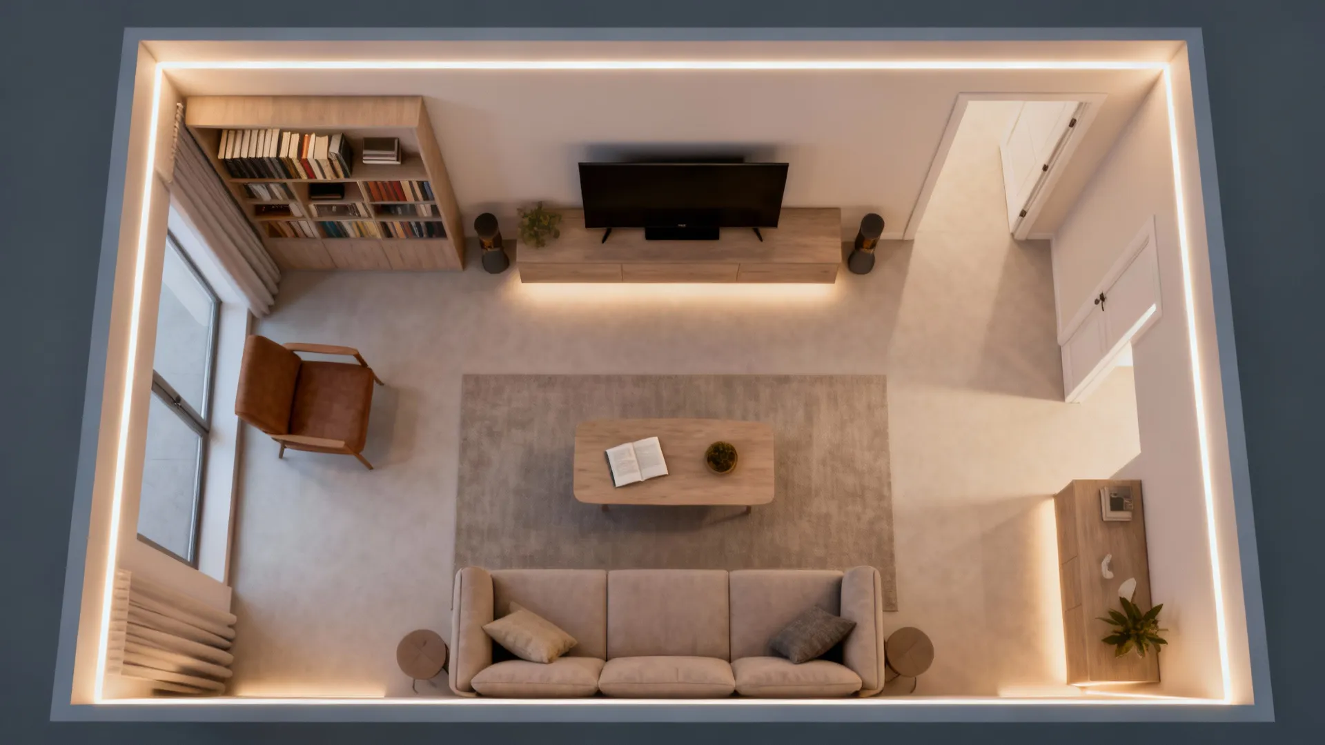 Top-down zone map of a small living room showing reading, TV, and entry lighting zones with LED treatments.
