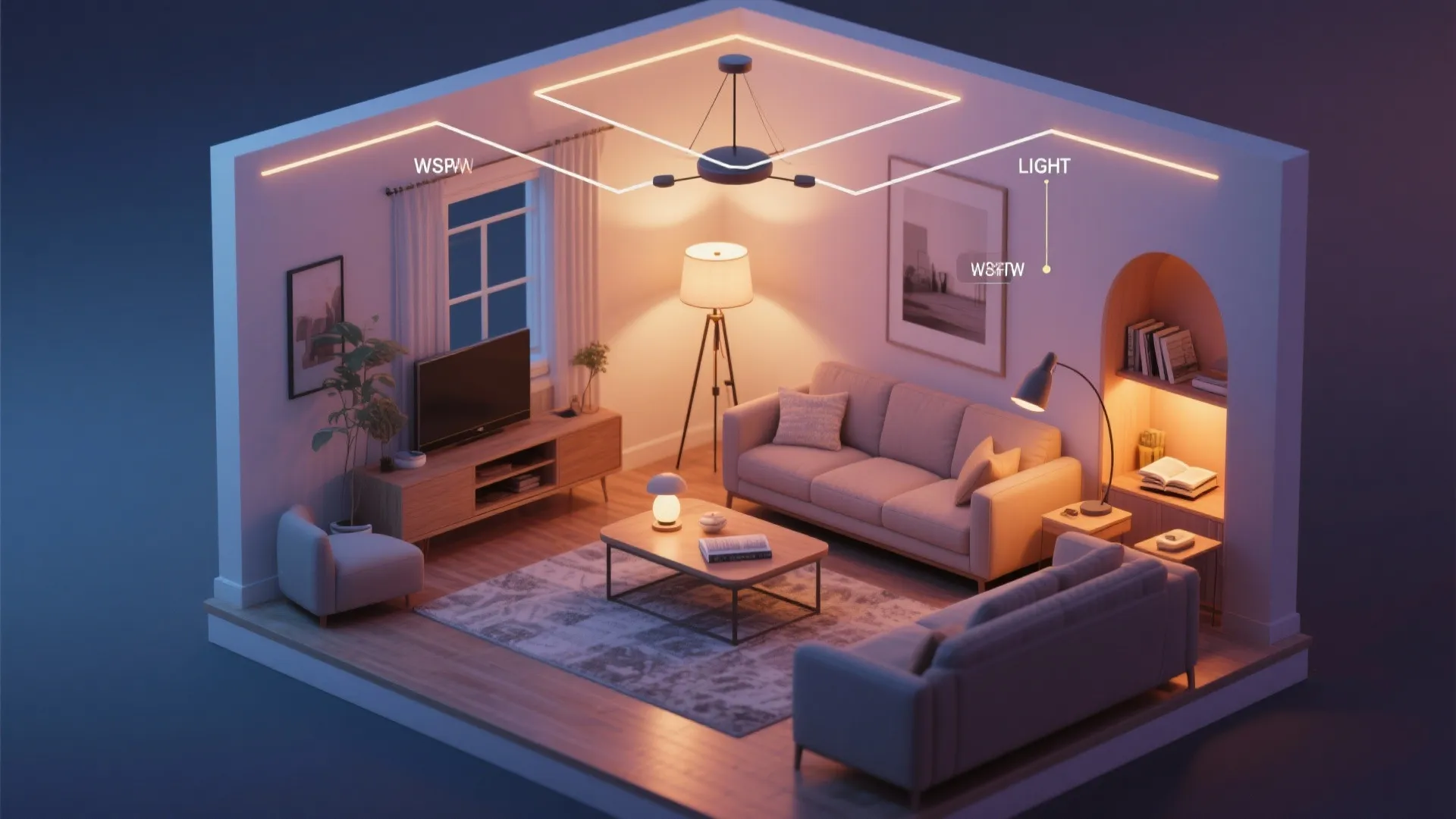 Interior design drawing showing room layout with ceiling light floor lamp and warm light fixture zones