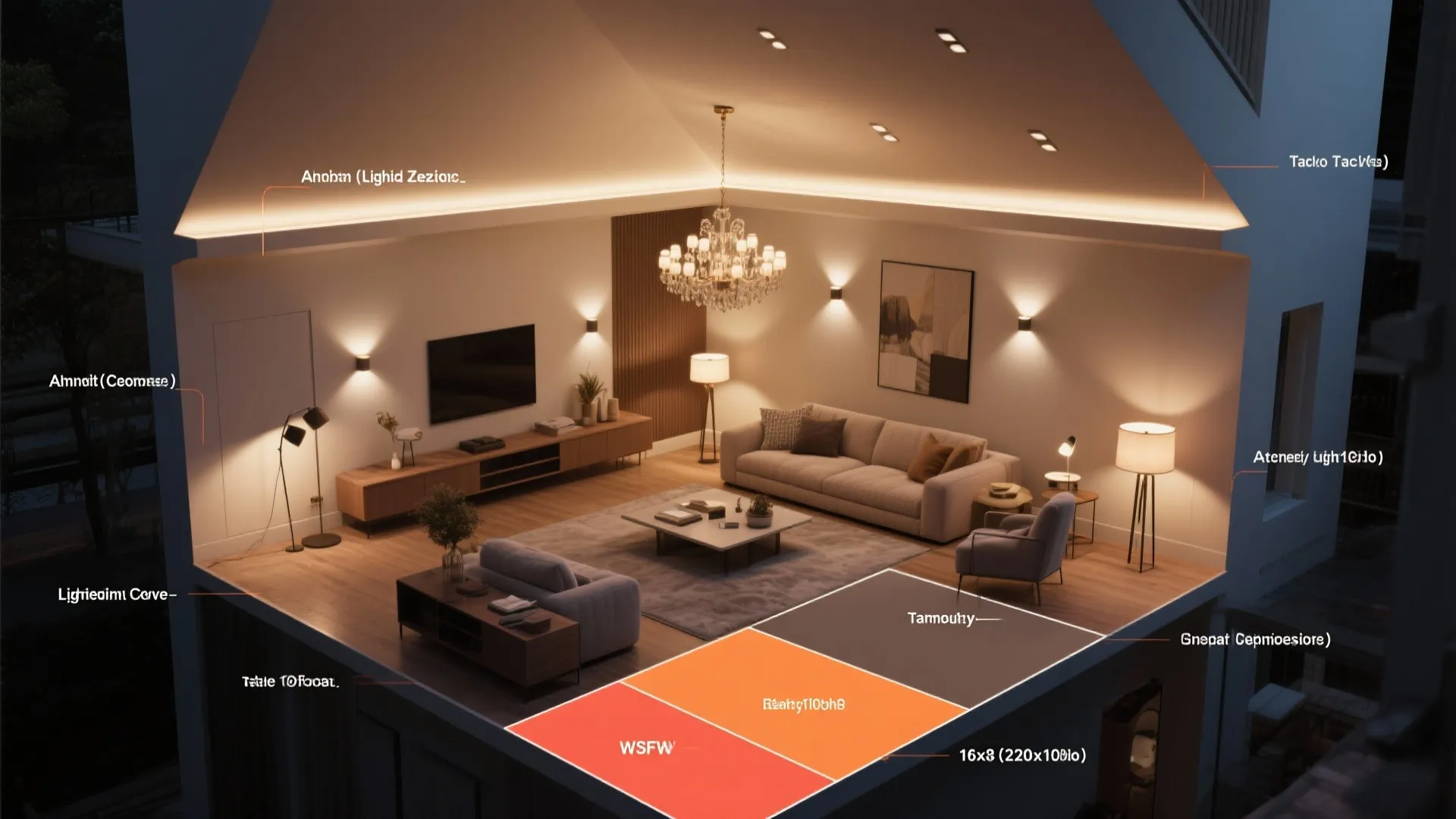 Top-down lighting zone plan for a high-ceiling living room showing ambient, task, and accent areas.