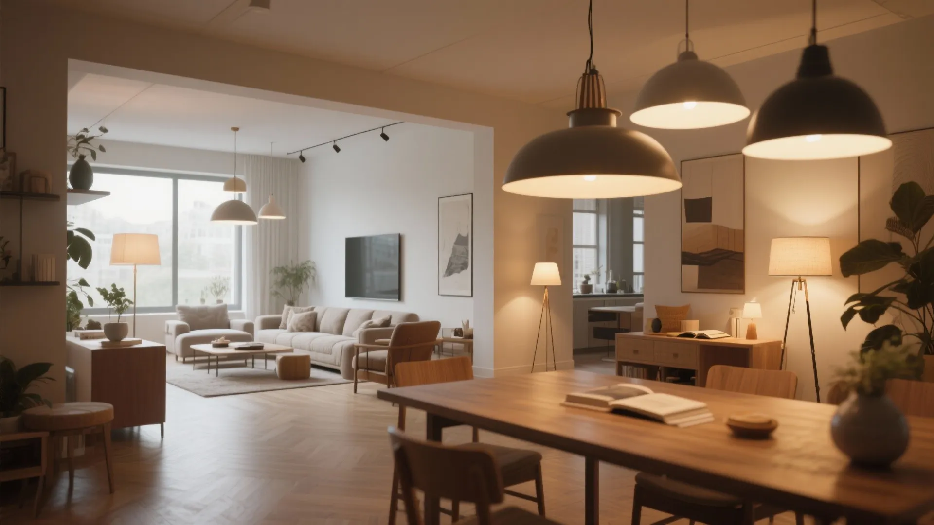 Different lighting fixtures defining separate areas in a living room