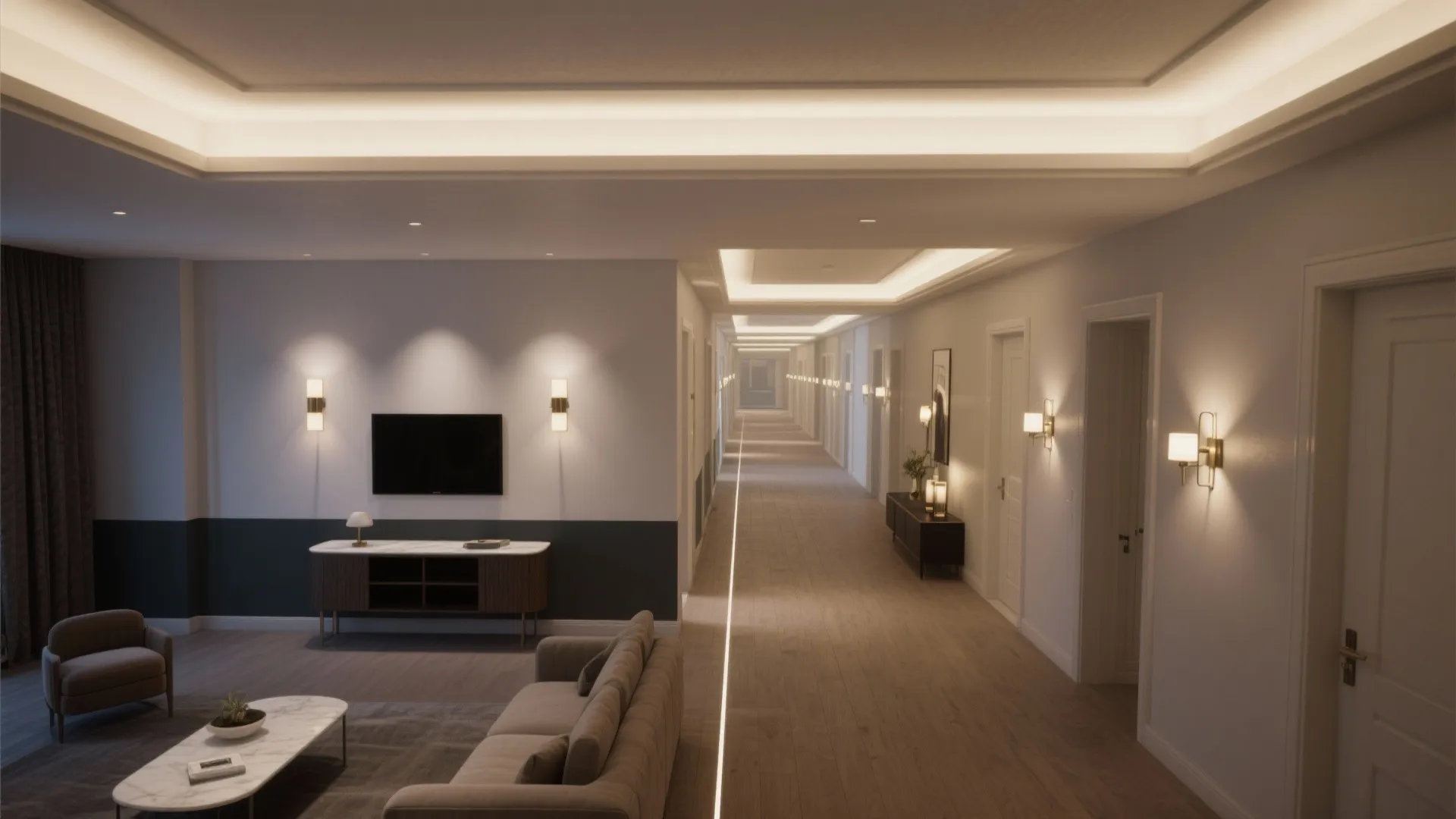 Top-down plan of a narrow hall-living with layered lighting and subtle color blocking.