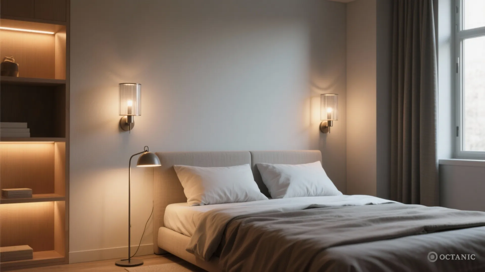 Cozy bedroom interior with warm wall lights floor lamp and a comfortable bed by windows