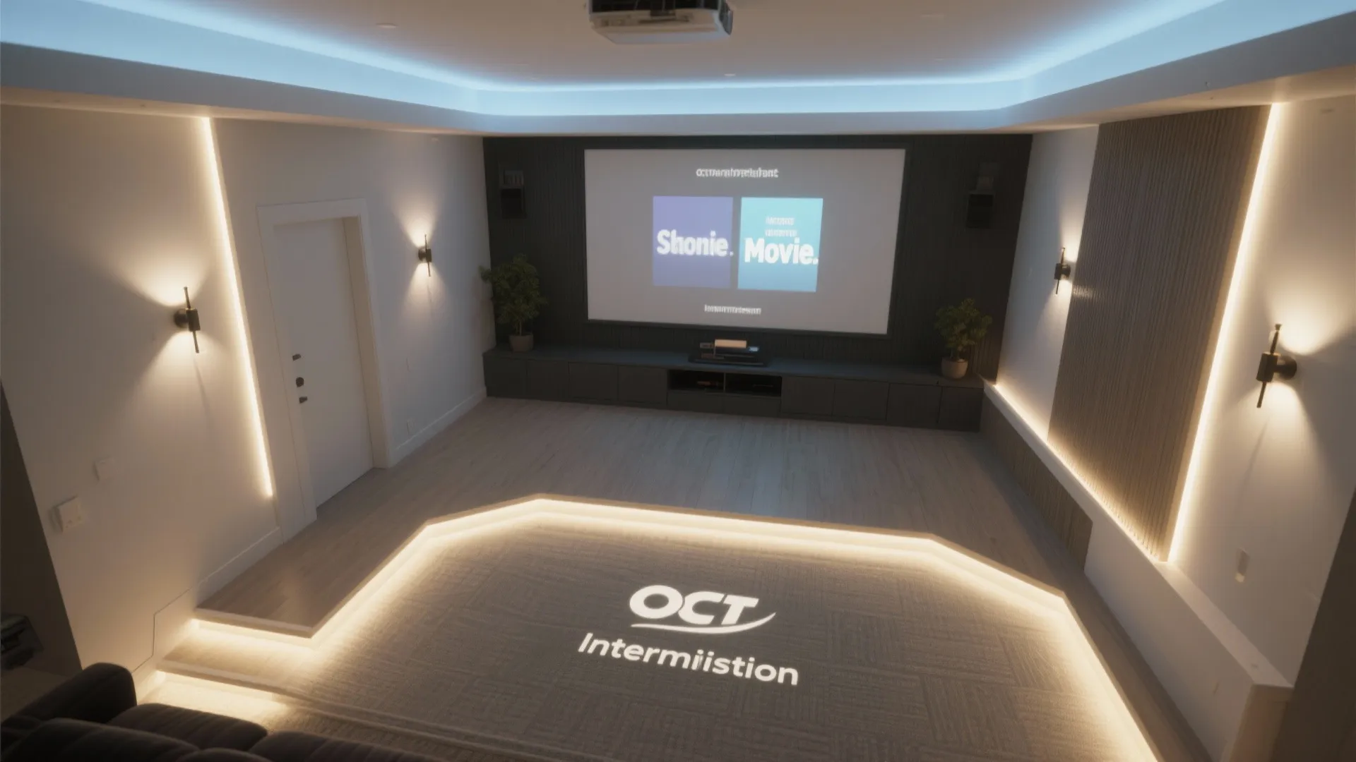 Home theater with projector screen large white walls wall light fixtures and modern blue ceiling light
