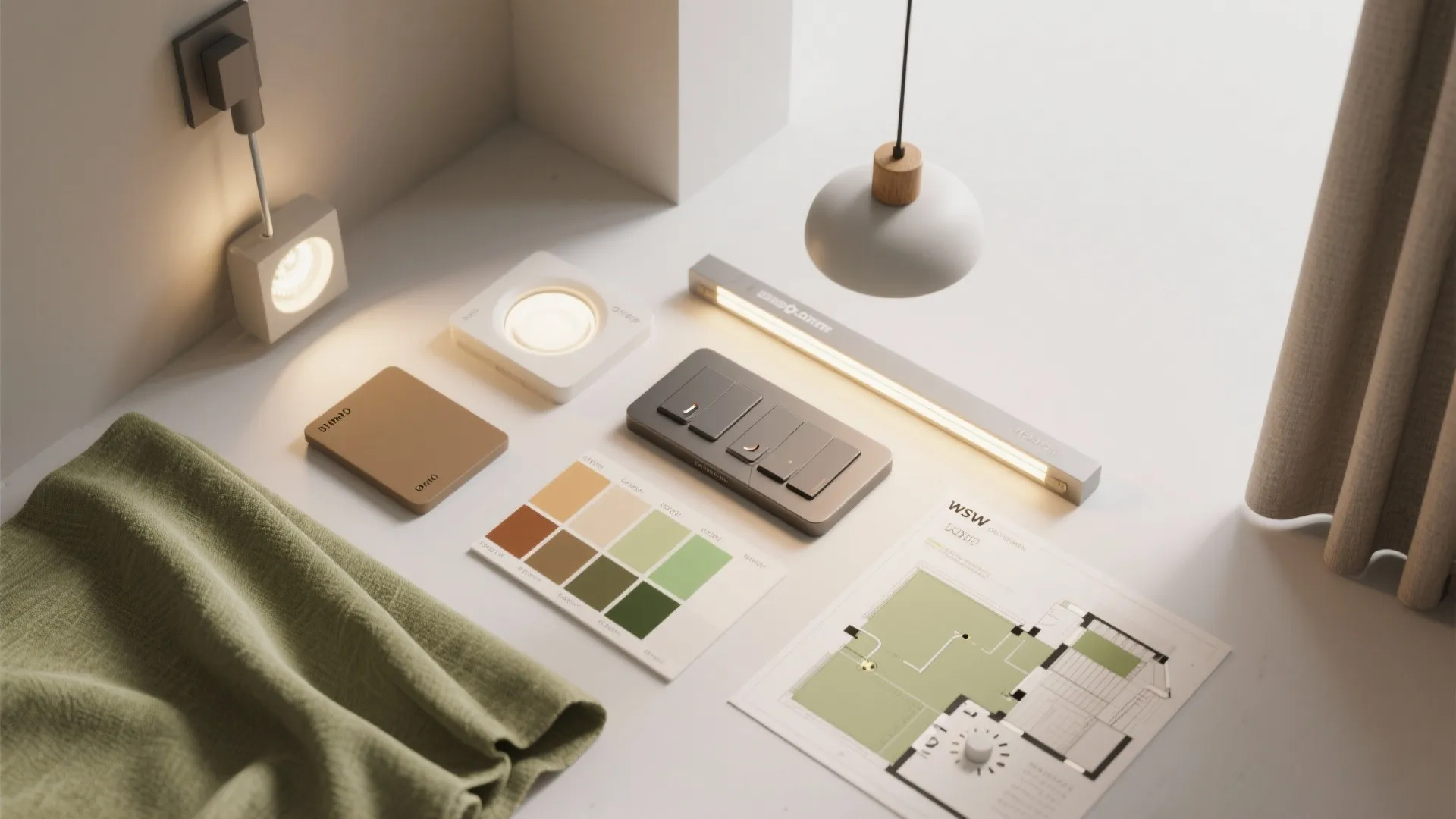 Interior design planning with light switches color palettes room layout drawing and small light fixtures