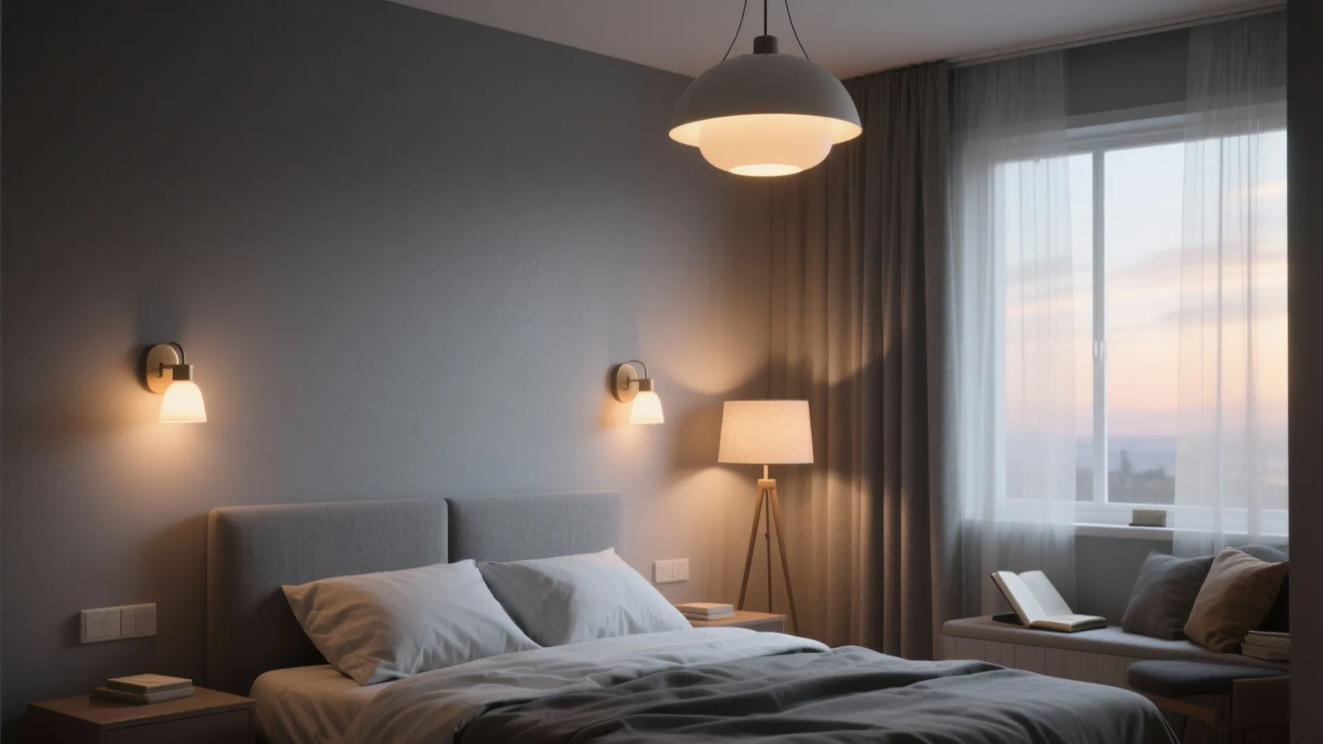 Small grey bedroom showing warm bedside sconces, overhead dimmable light and a floor lamp by a reading nook.
