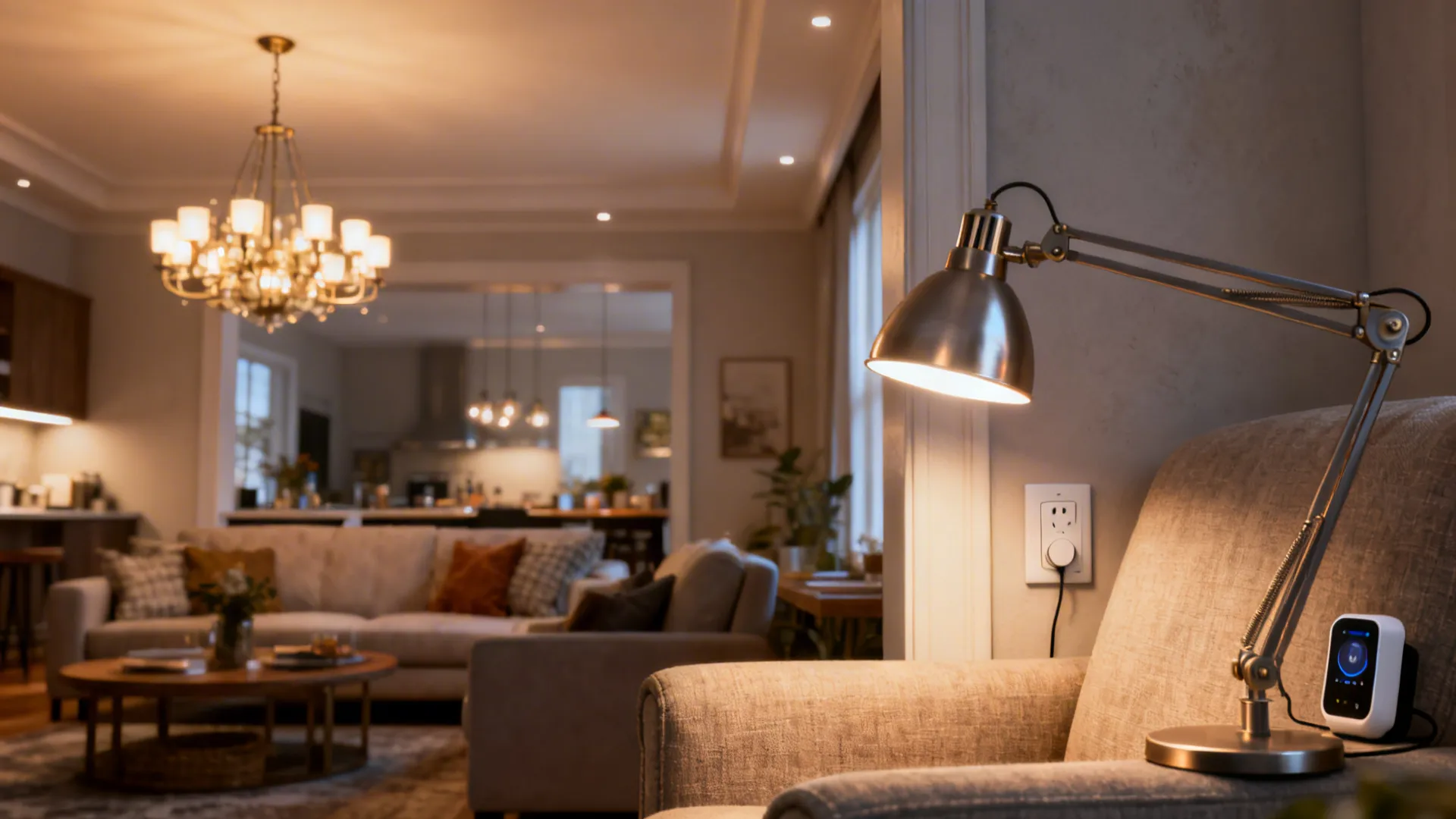 Layered lighting with chandelier and swing-arm reading lamp showing social and task areas.