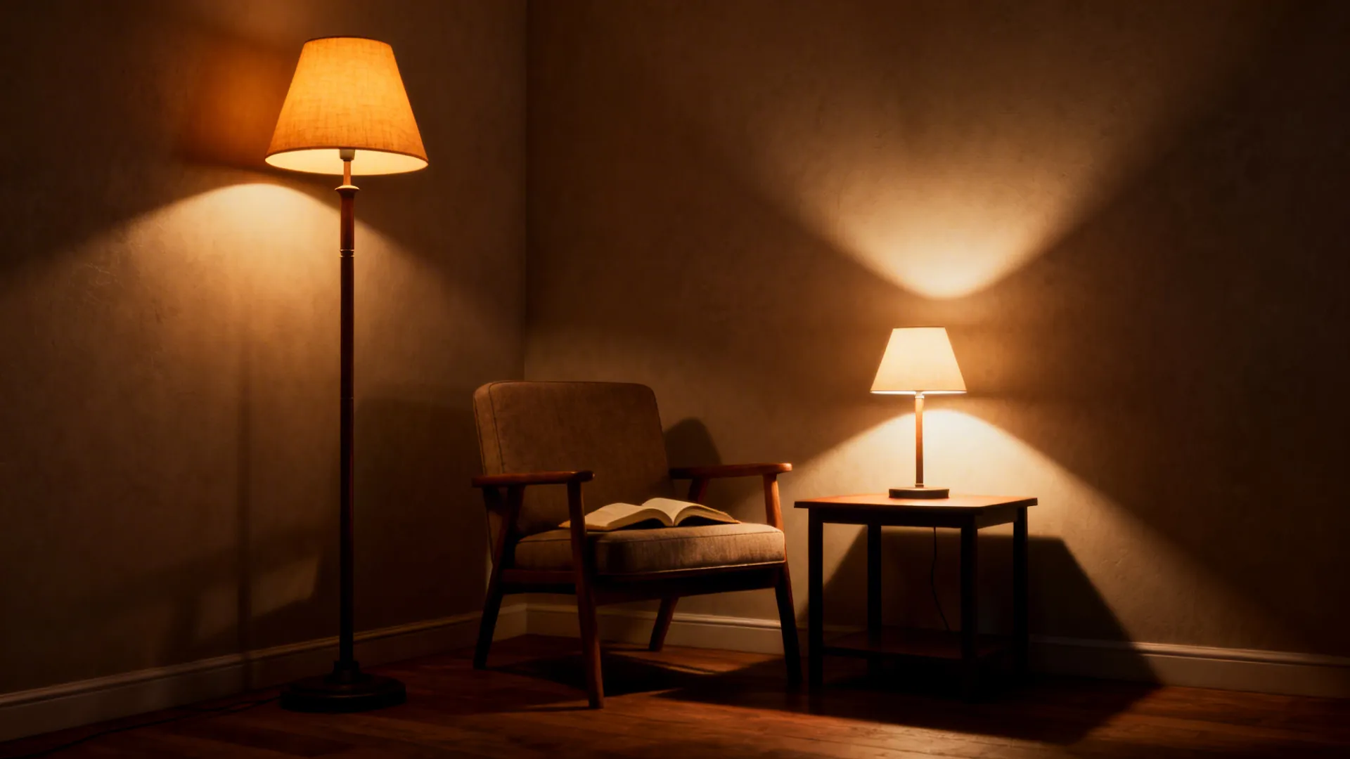 Corner with two lamps creating cozy lighting zones for reading