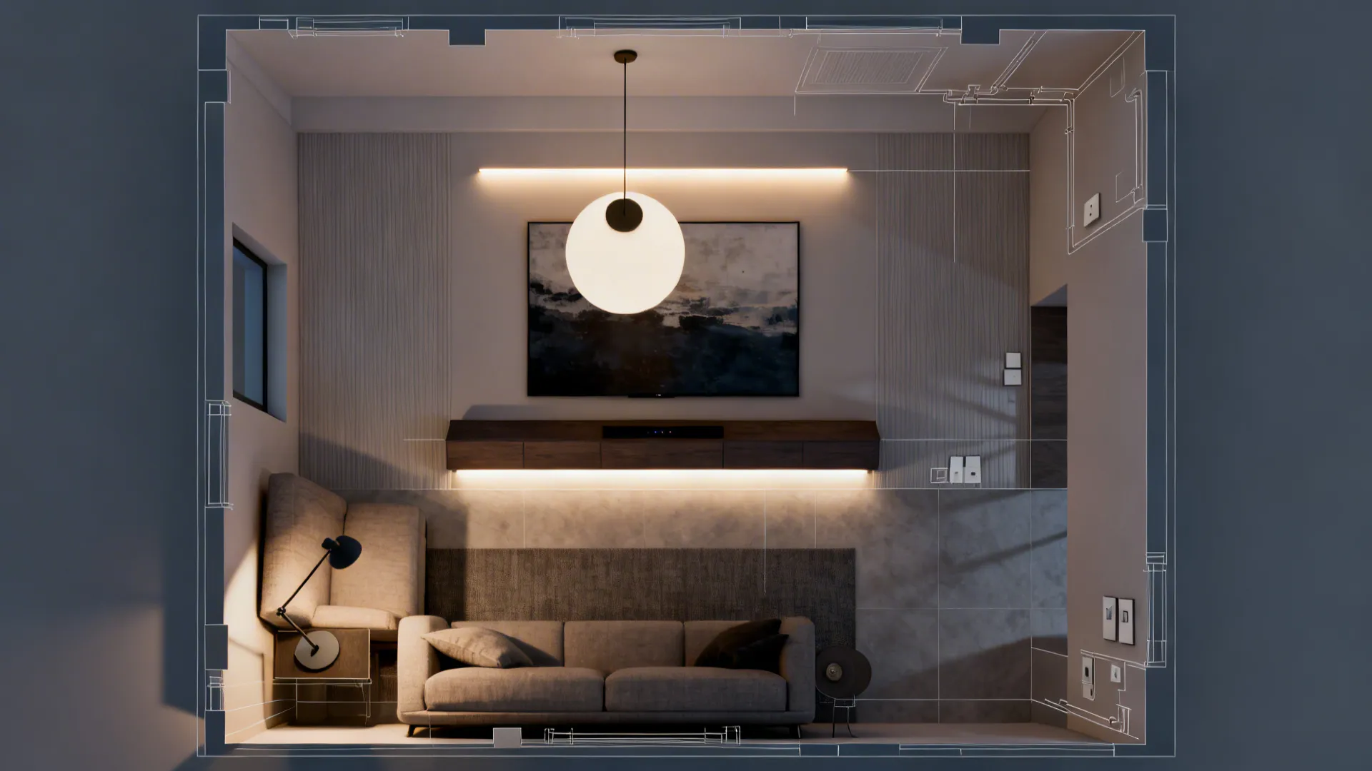 Top-down living room layout showing separate lighting zones for ambient, task, and accent lighting.