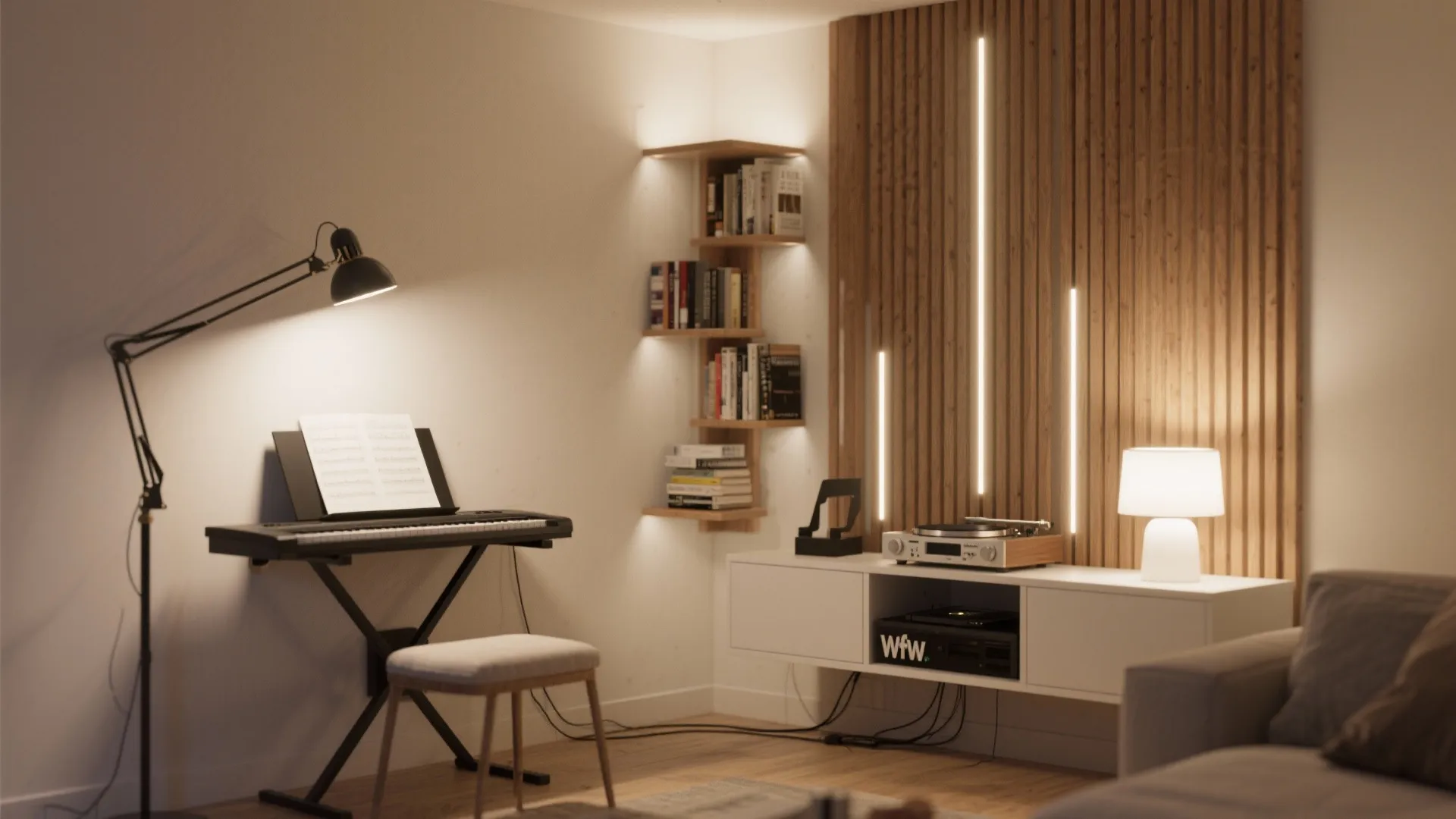 Cozy music room with piano floor lamp wooden wall panel with integrated lights and corner bookshelf