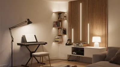 Cozy Home Music Corner with Wood Accent Wall