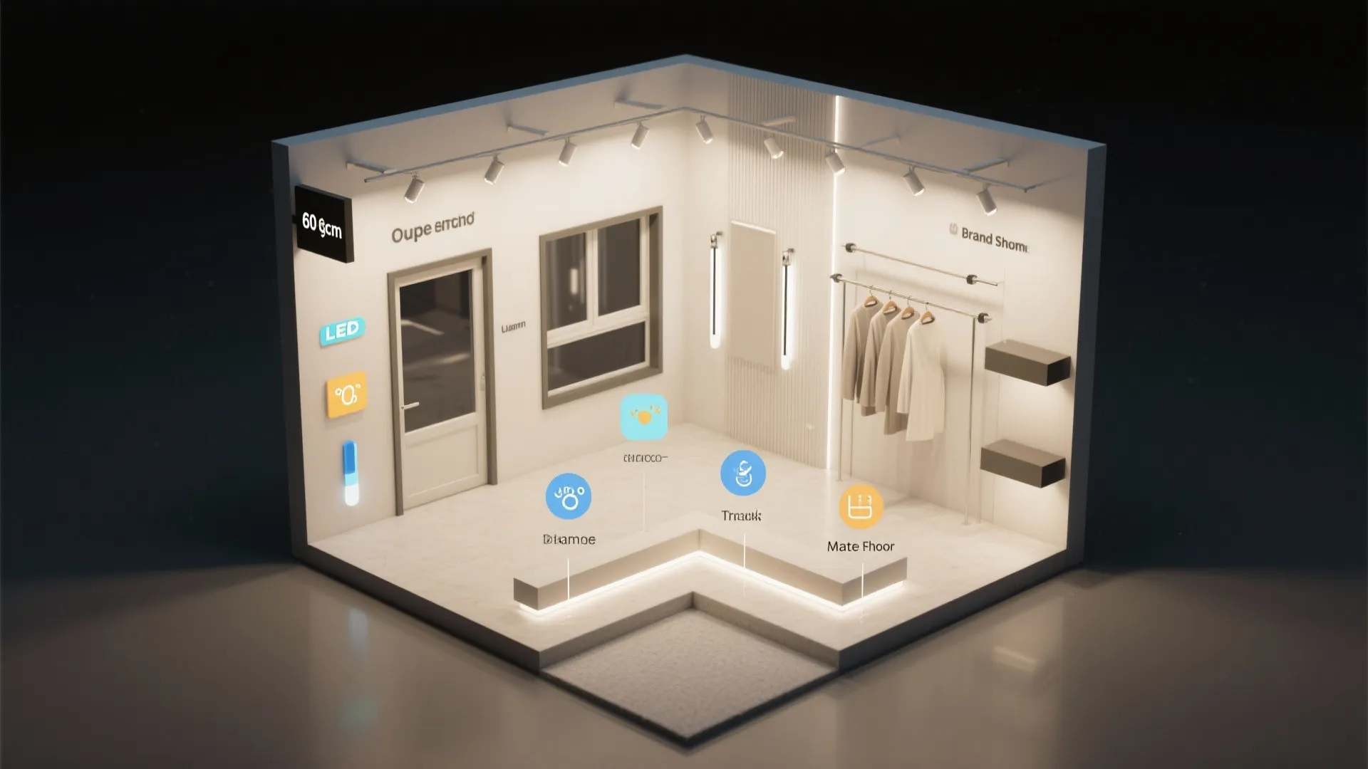 Interior design drawing of a retail showroom with light fixtures and clothing racks labeled clearly