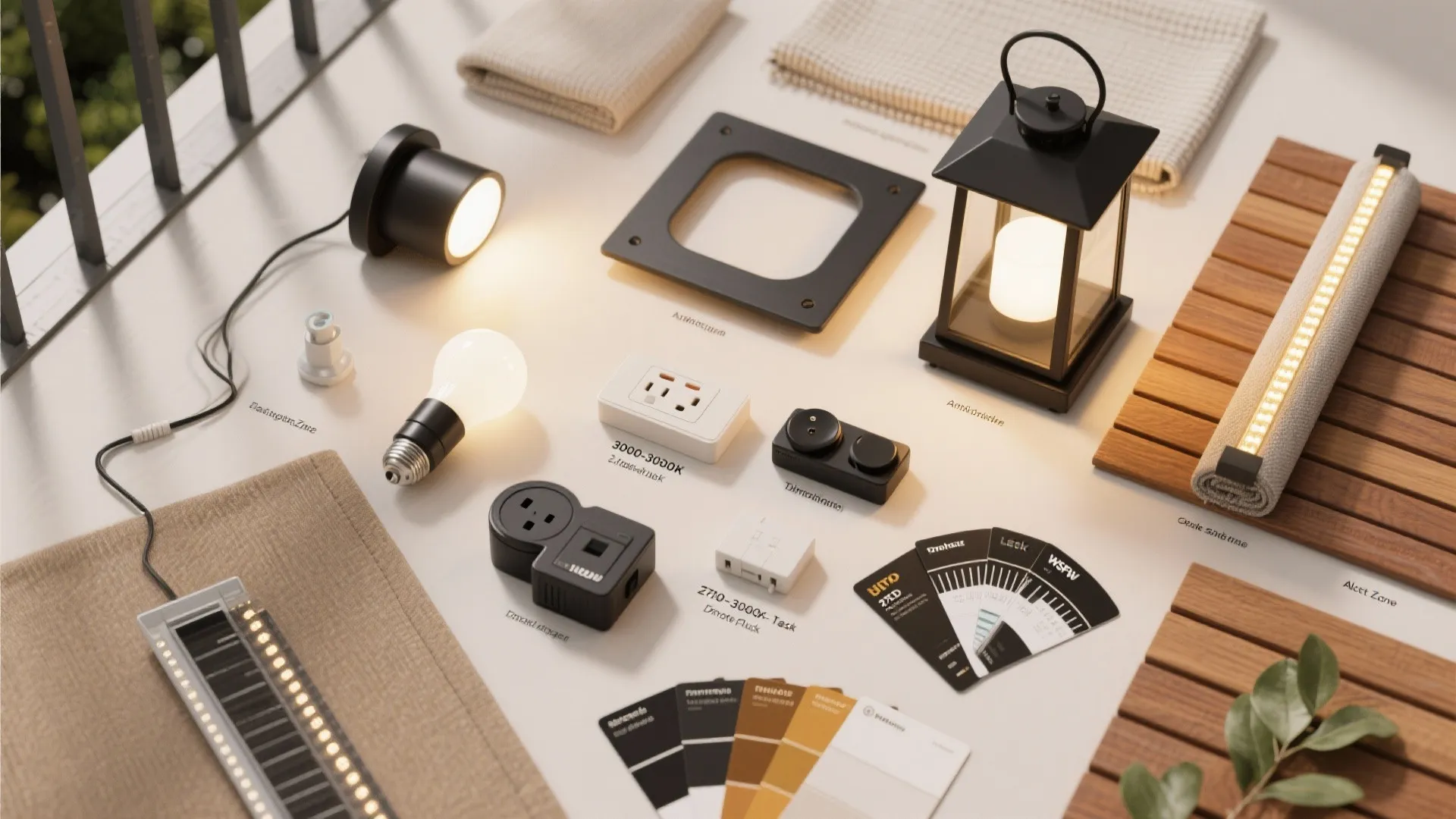 Collection of various light fixtures light bulb color samples and interior design materials on a table