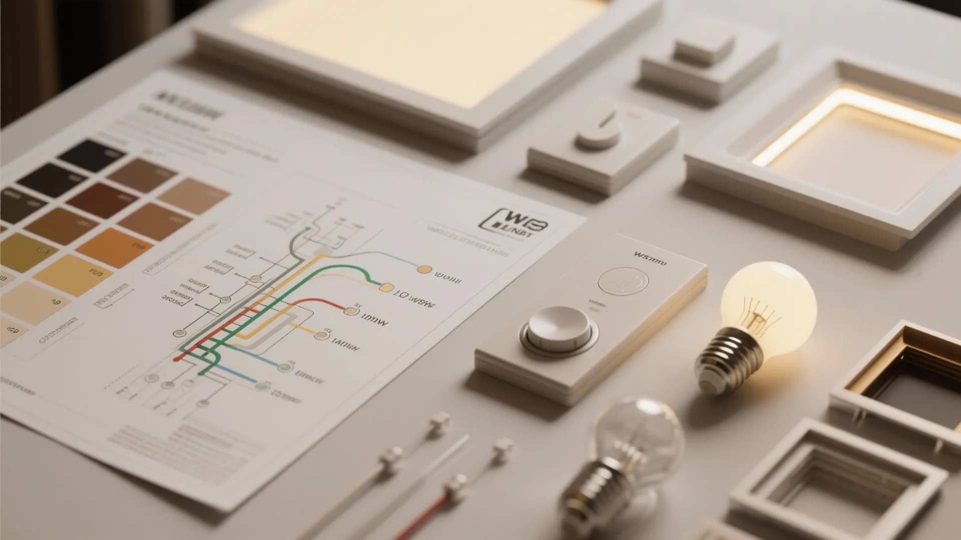 Flatlay of dimmer switches, wiring schematic, recessed trims and LED samples illustrating layered lighting zones