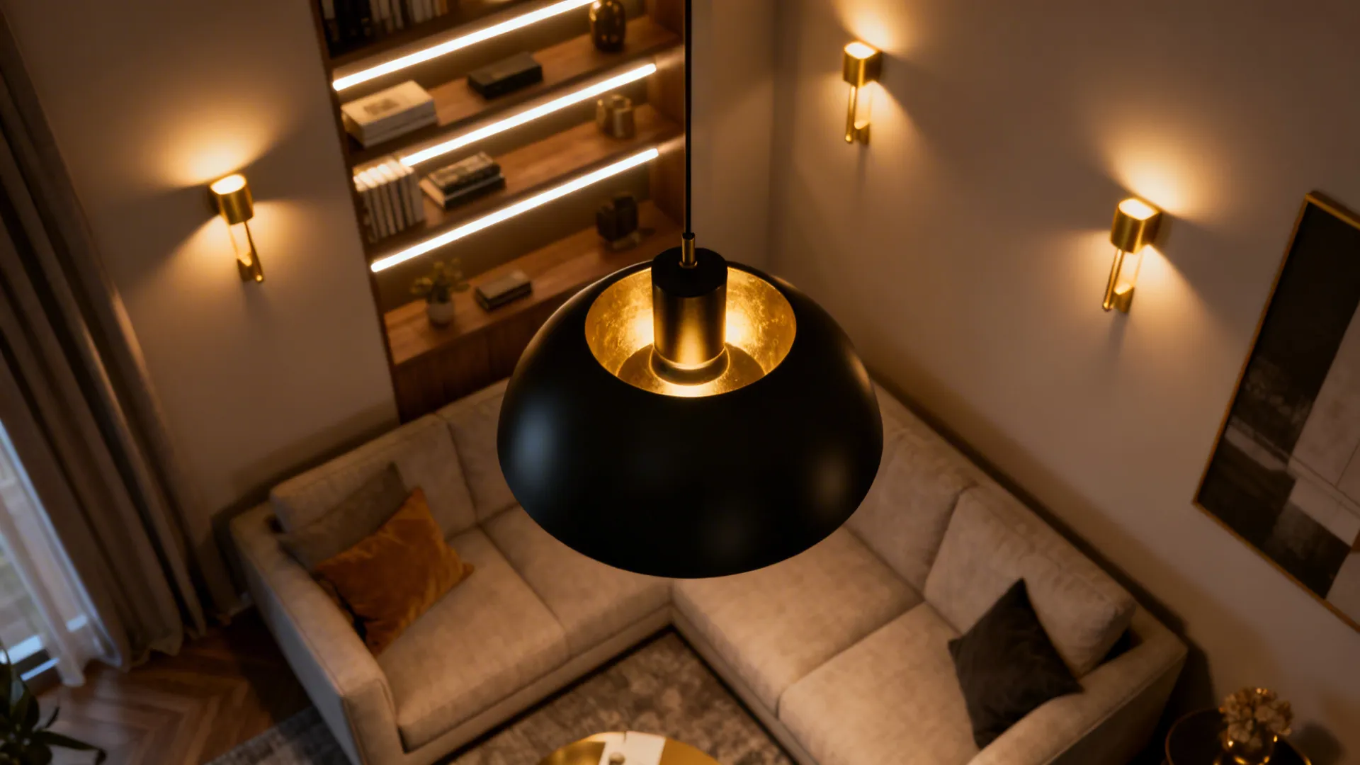 Layered lighting plan with gold-finished fixtures creating warm ambient, task and accent zones in a living room.