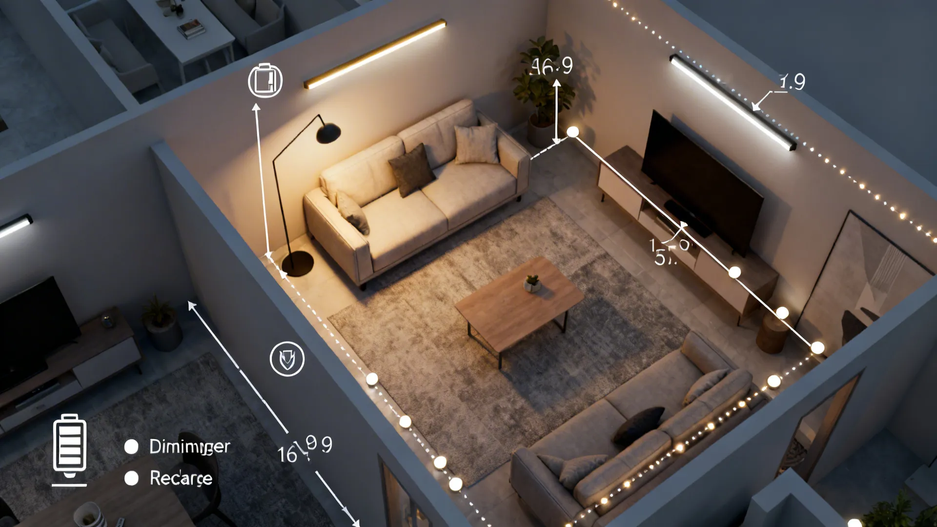 Top-down room map showing recommended battery lighting zones and layering