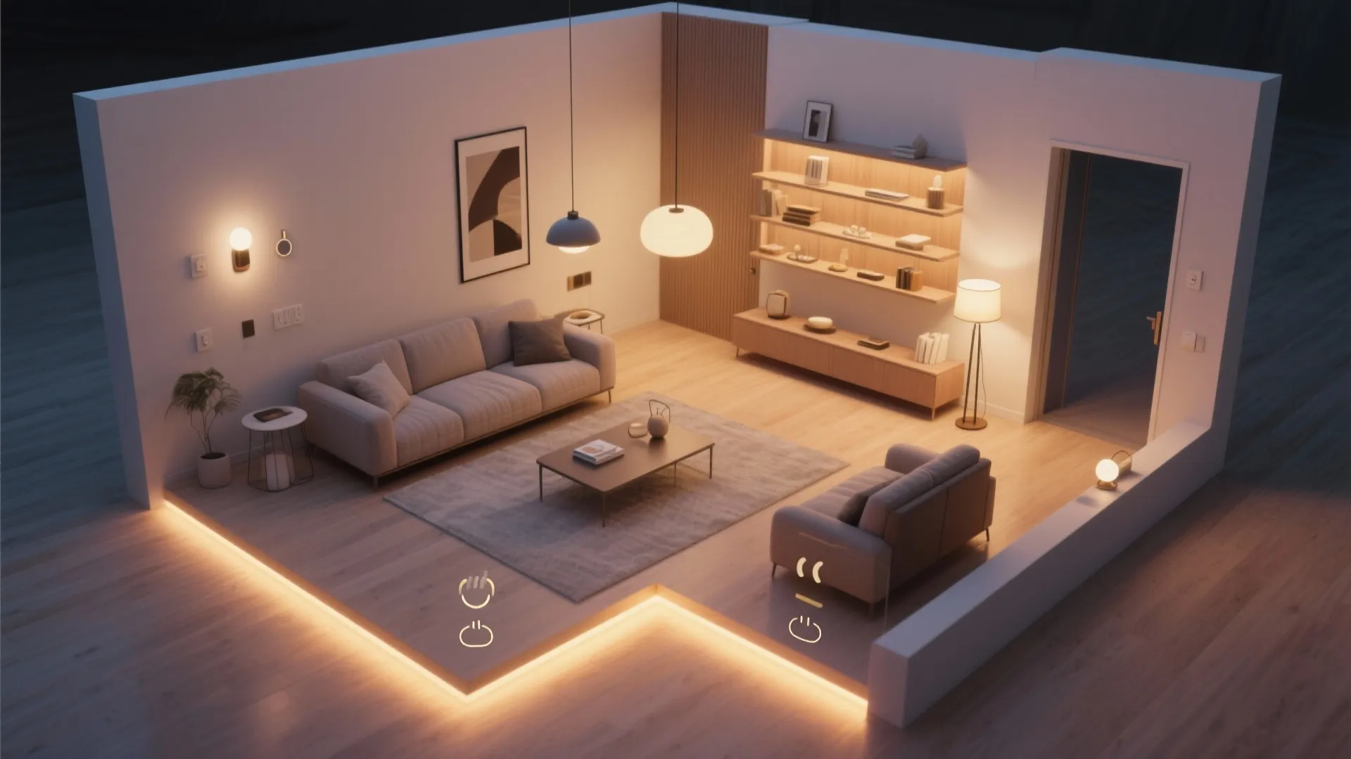 Interior design drawing of a modern living room showing furniture layout and various light fixture zones