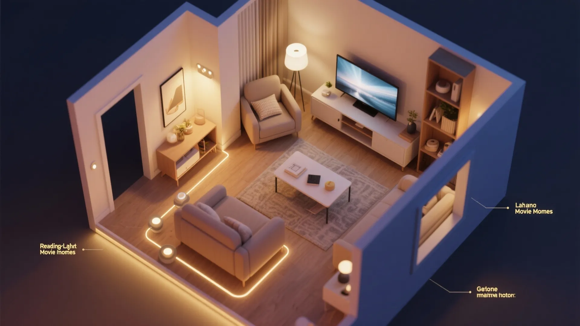 Top-down 3D floor plan of a living room showing three lighting zones with dimmers