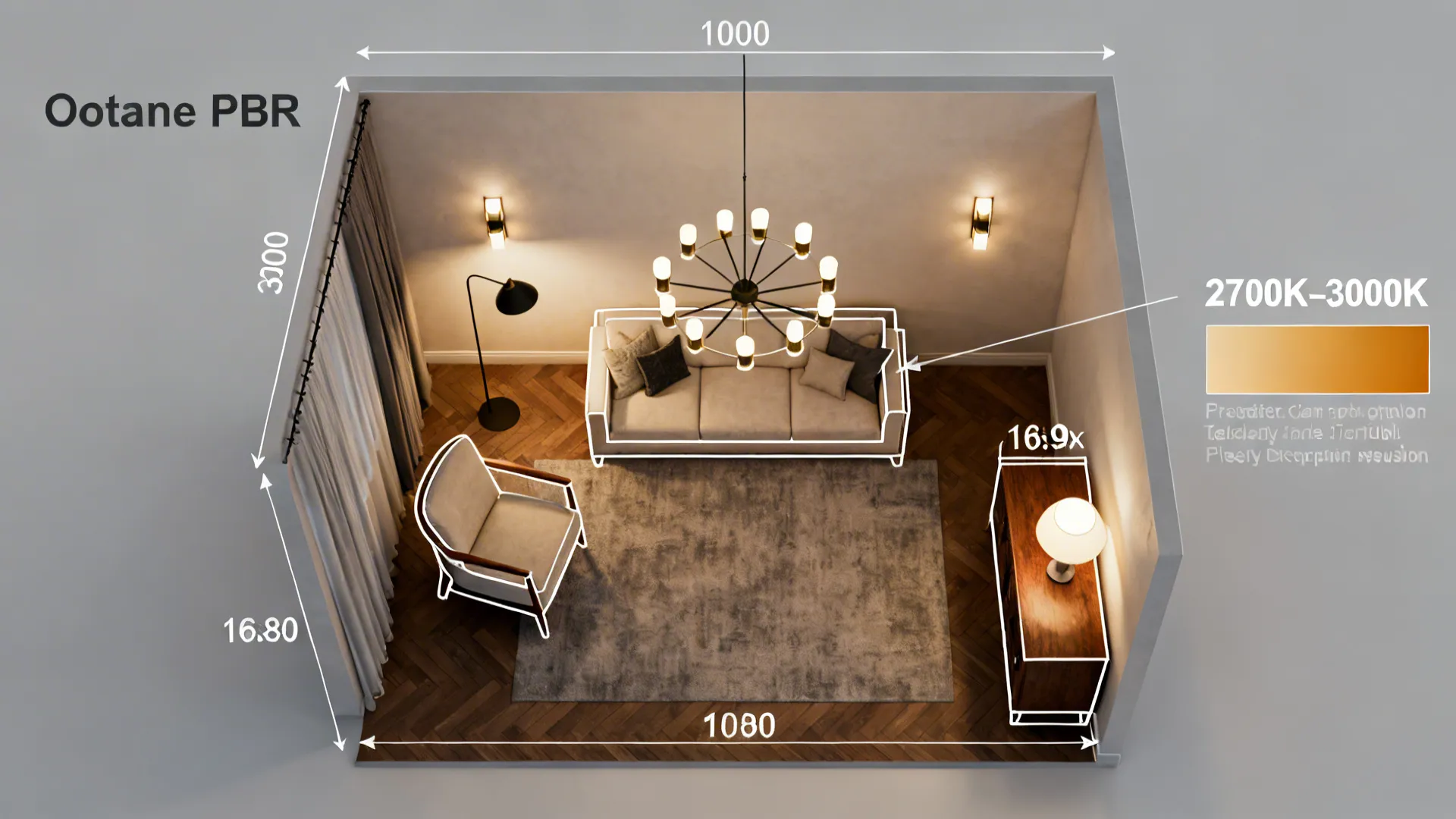 Top-down schematic of a small living room showing layered lighting zones and scaled fixture placements.