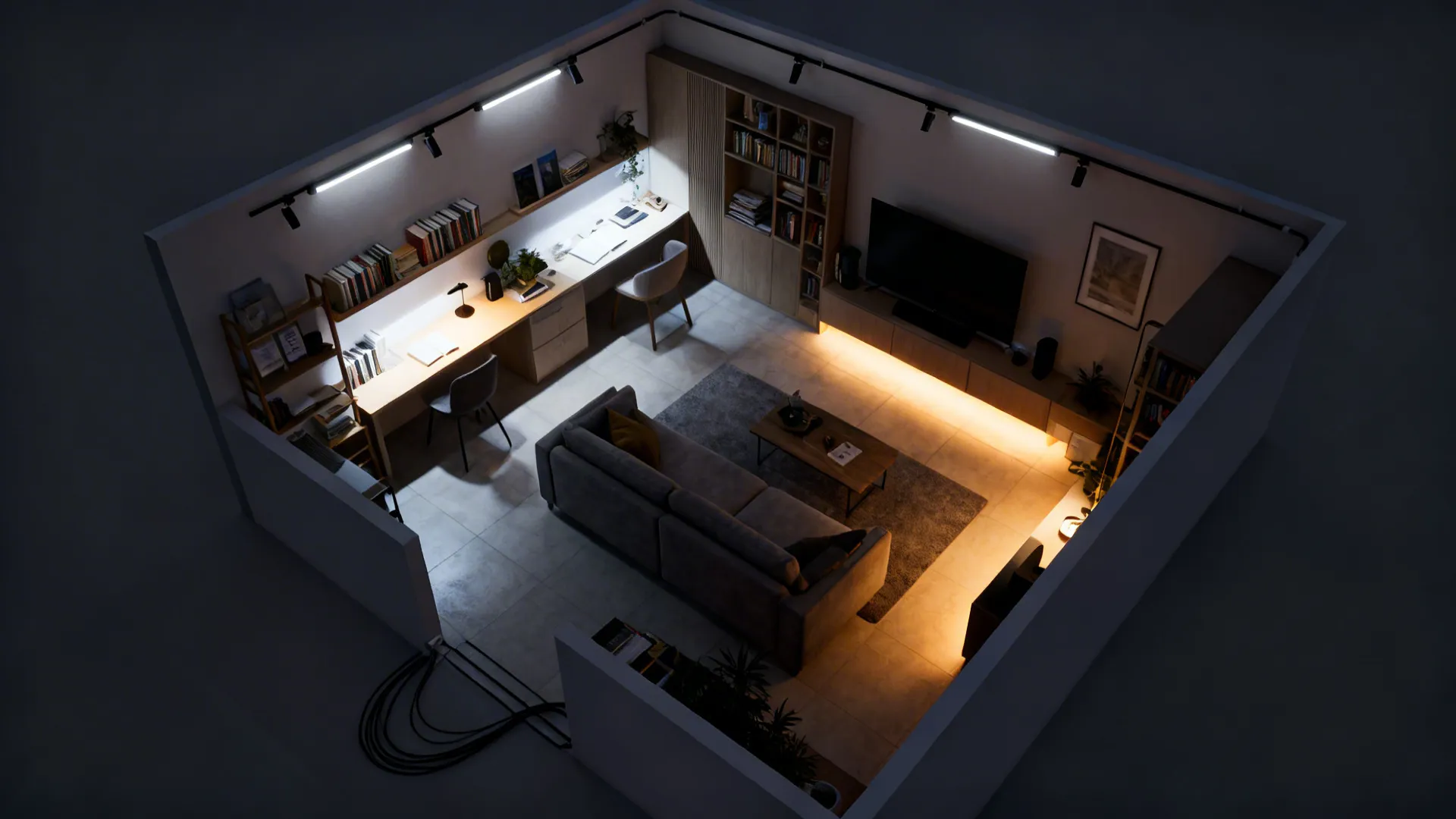 Top-down layout of living room showing hidden cable channels and zoned LED strip lighting