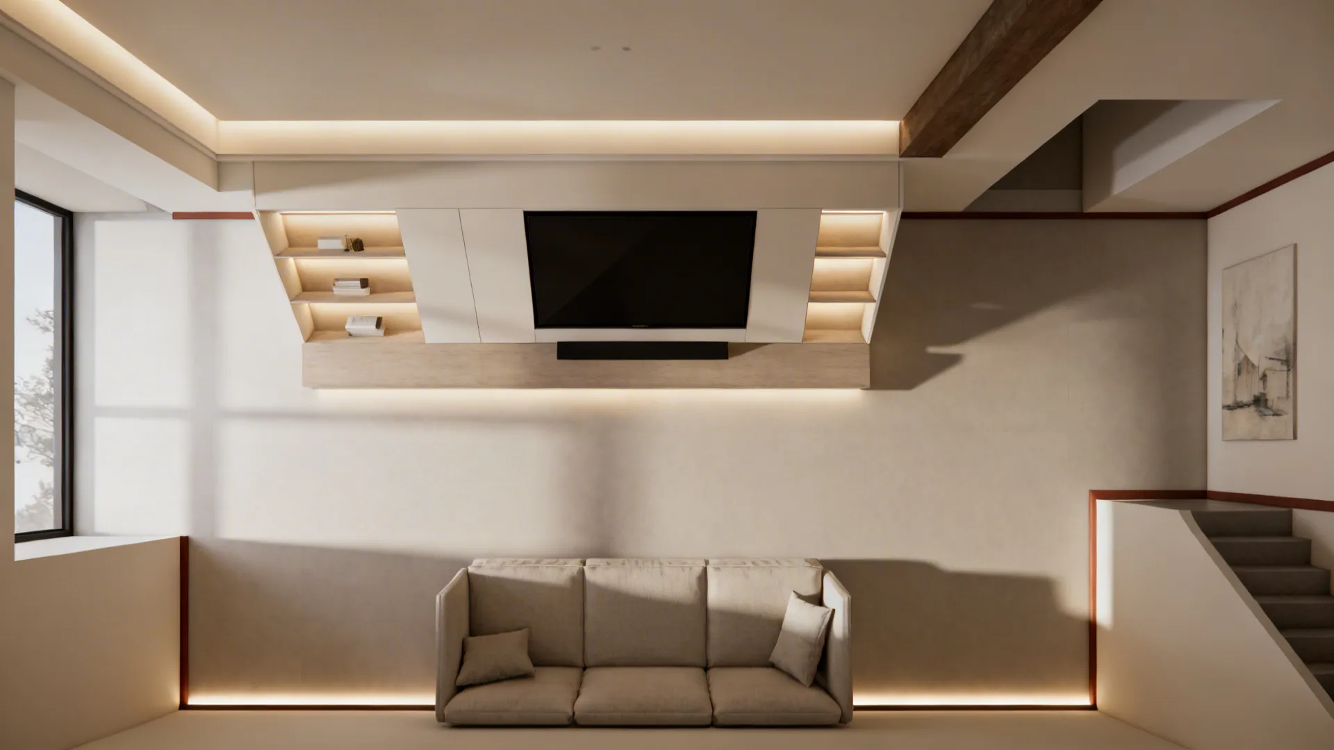 Top-down plan view showing five LED strip zones across a compact living room.