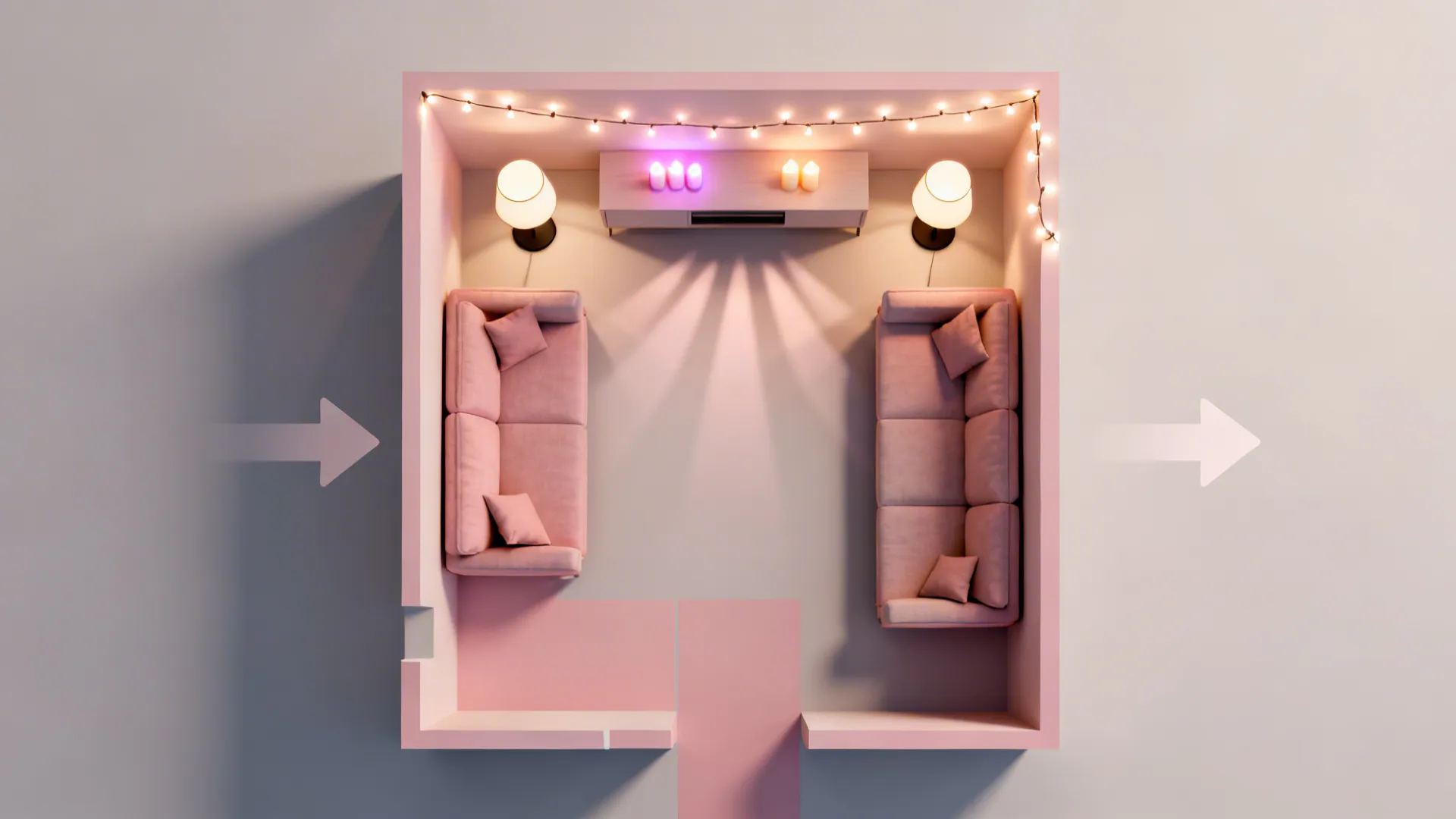 Top-down layout showing ambient, task, and accent lighting zones in a small living room.