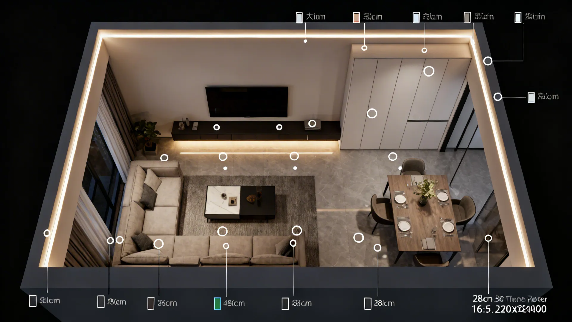 Top-down 3D planning view of a 28 sqm living room showing LED lighting zones and fixture placements.