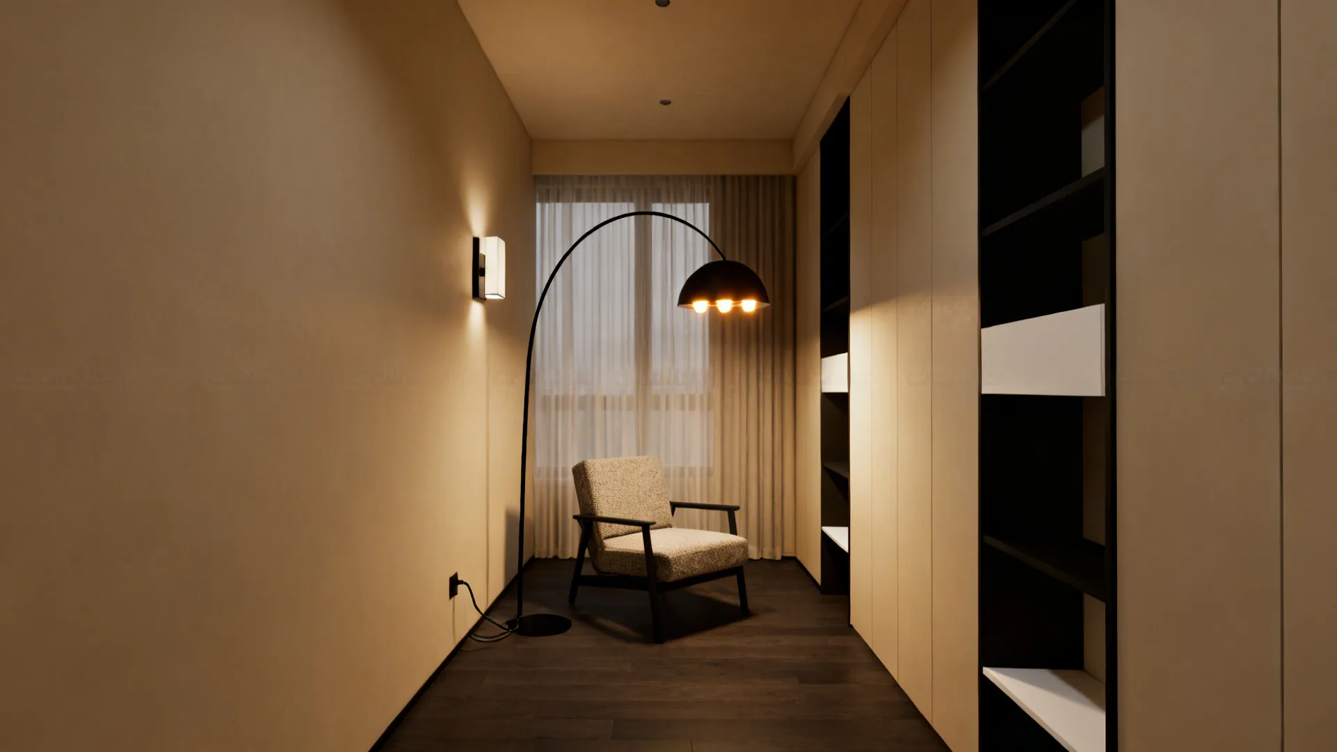 Narrow living room with a black arc lamp, a wall sconce, and slim black shelving creating zones.