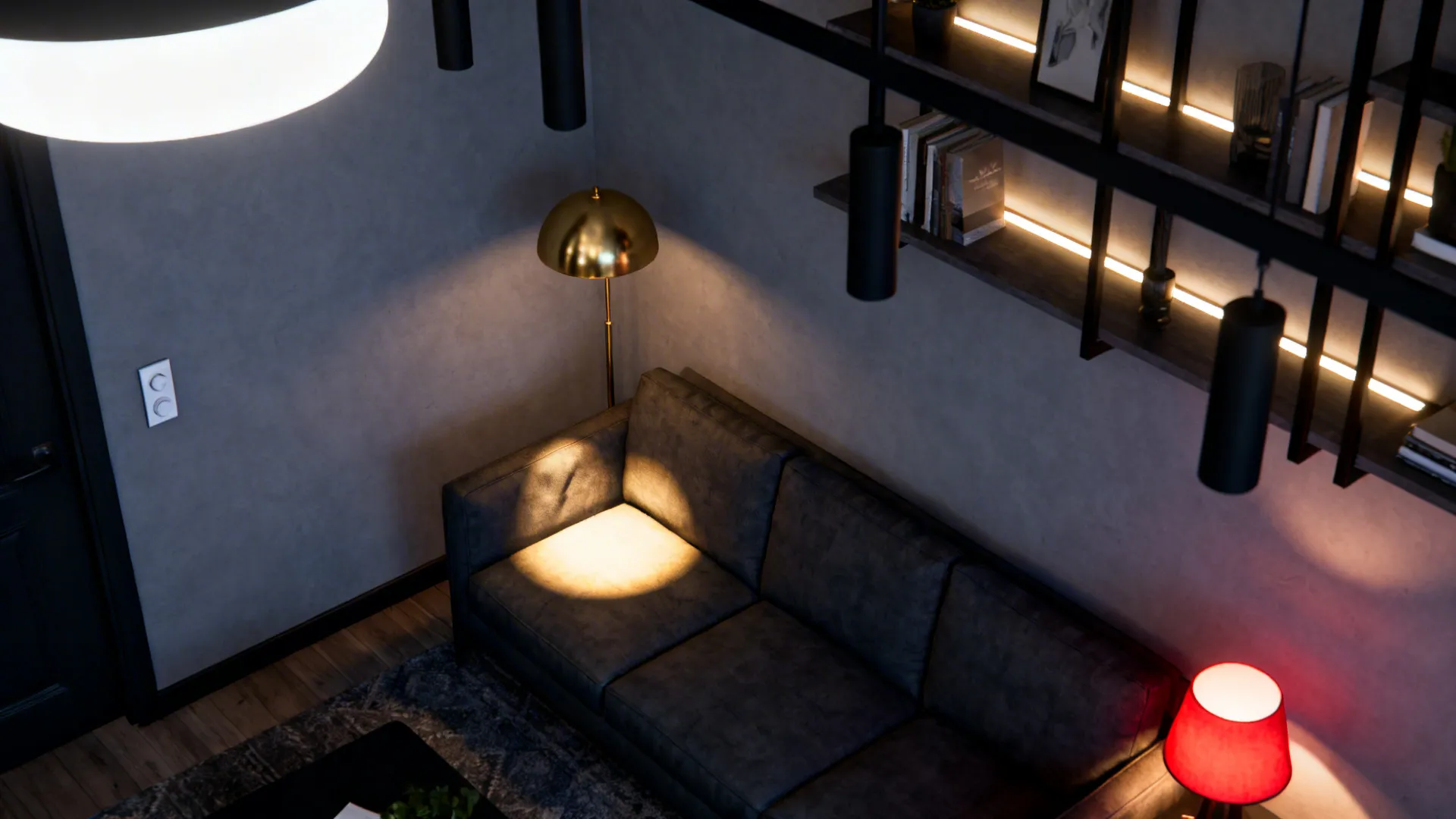 Modern living room with grey sofa gold floor lamp black hanging lights and lit wall shelves
