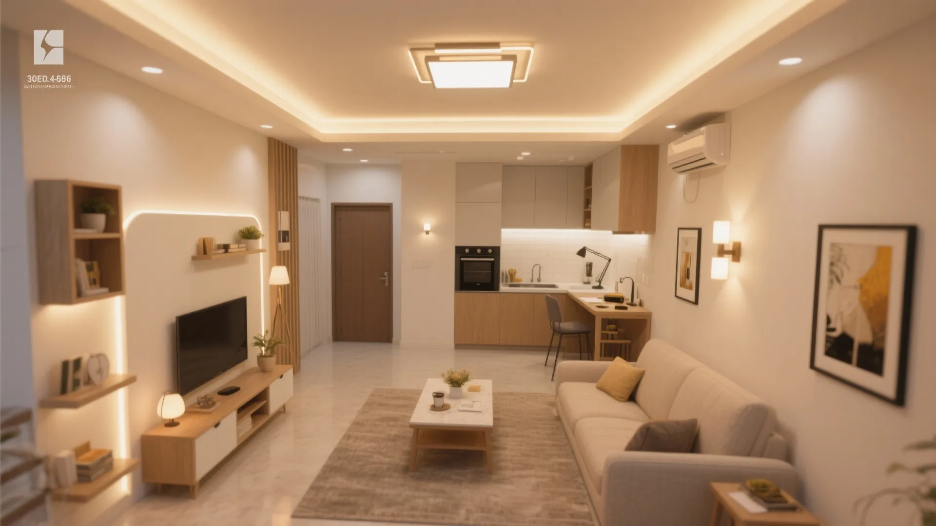 Top-down view of layered LED lighting zones and pale neutral walls that enhance spaciousness in a 2 BHK.