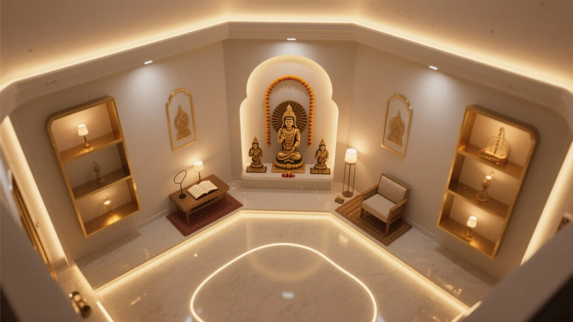 Gold-Toned Metal Accents and Soft Layered Lighting