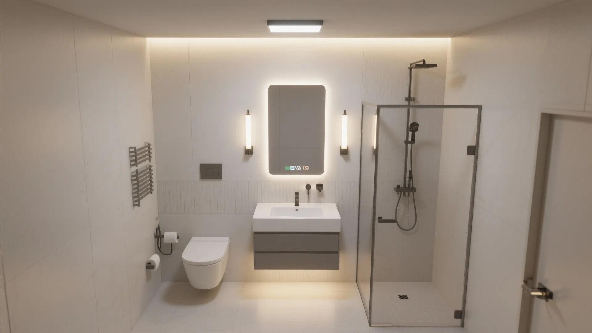 Bathroom interior design drawing featuring glowing mirror wall lights glass shower and grey hanging cabinet