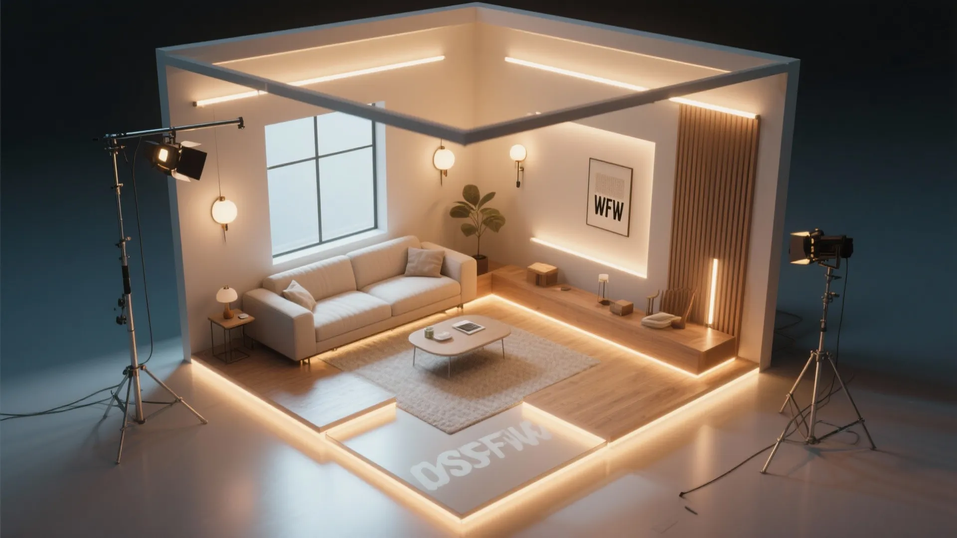 Interior design drawing showing a small studio layout with sofa wall lights and professional lighting equipment