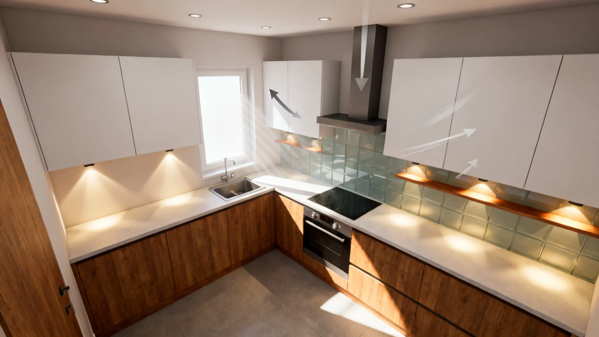 Top-down view illustrating task, ambient, and accent lighting zones in a compact kitchen.