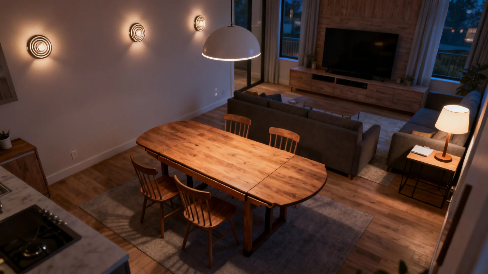 Top-down view mapping pendant, wall wash, and accent lighting zones in an open-plan layout.