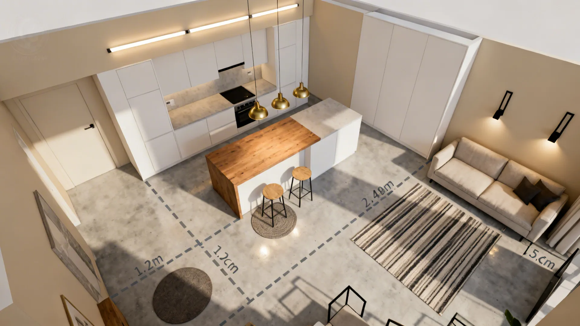 Top-down plan marking linear light, pendants, sconces, and rug zones in an L-shaped layout.
