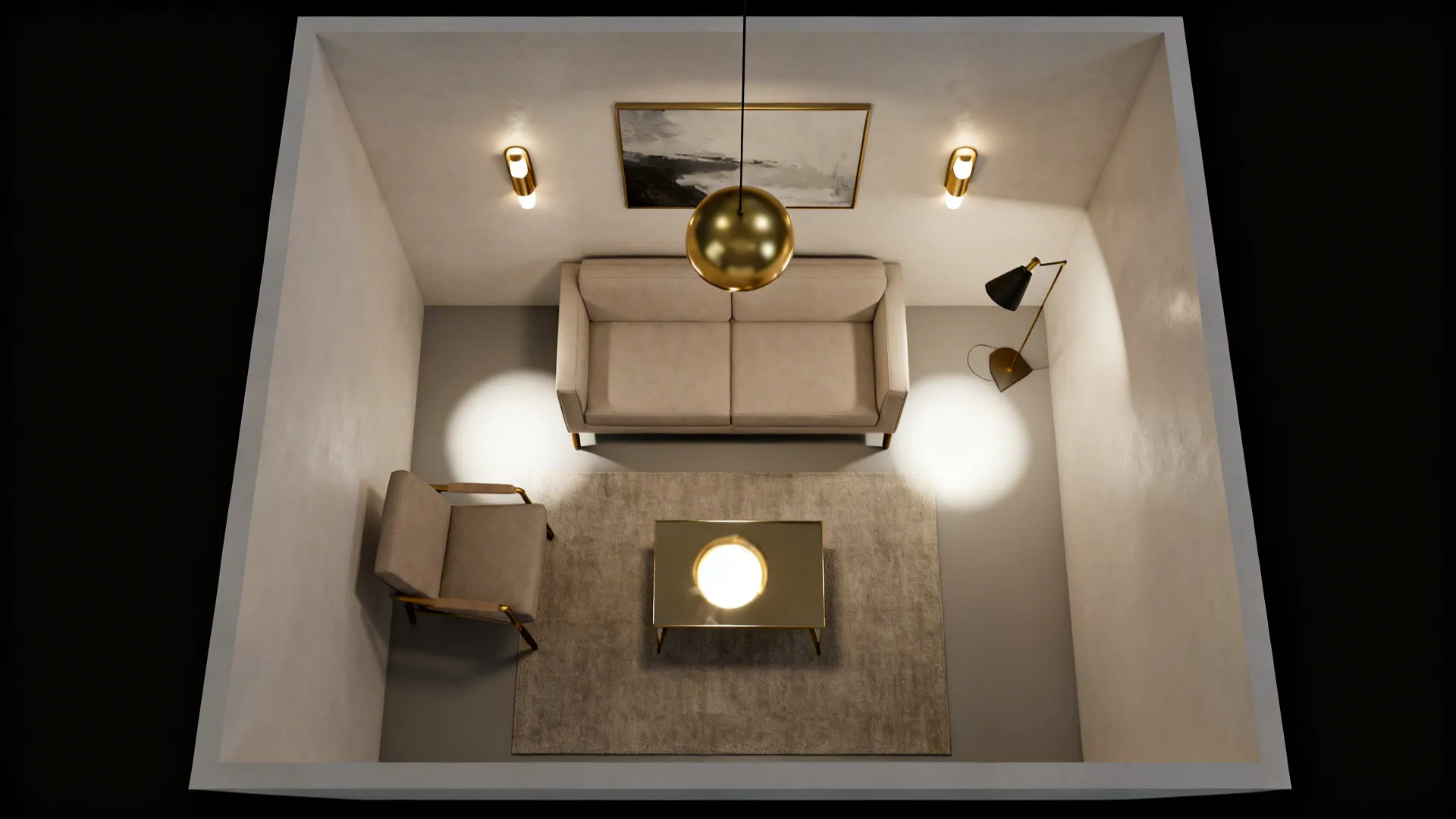 Top-down view mapping ambient, task, and accent lighting in a small living room.