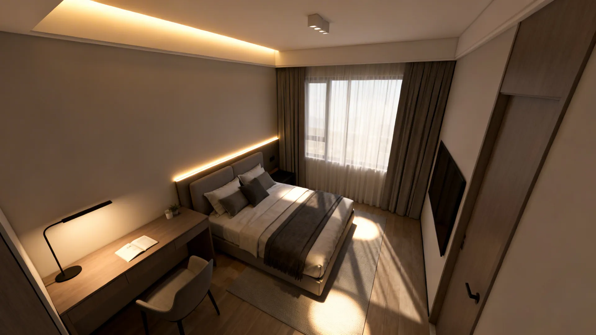 Top-down view of a small room with ambient, task, and accent lighting zones.