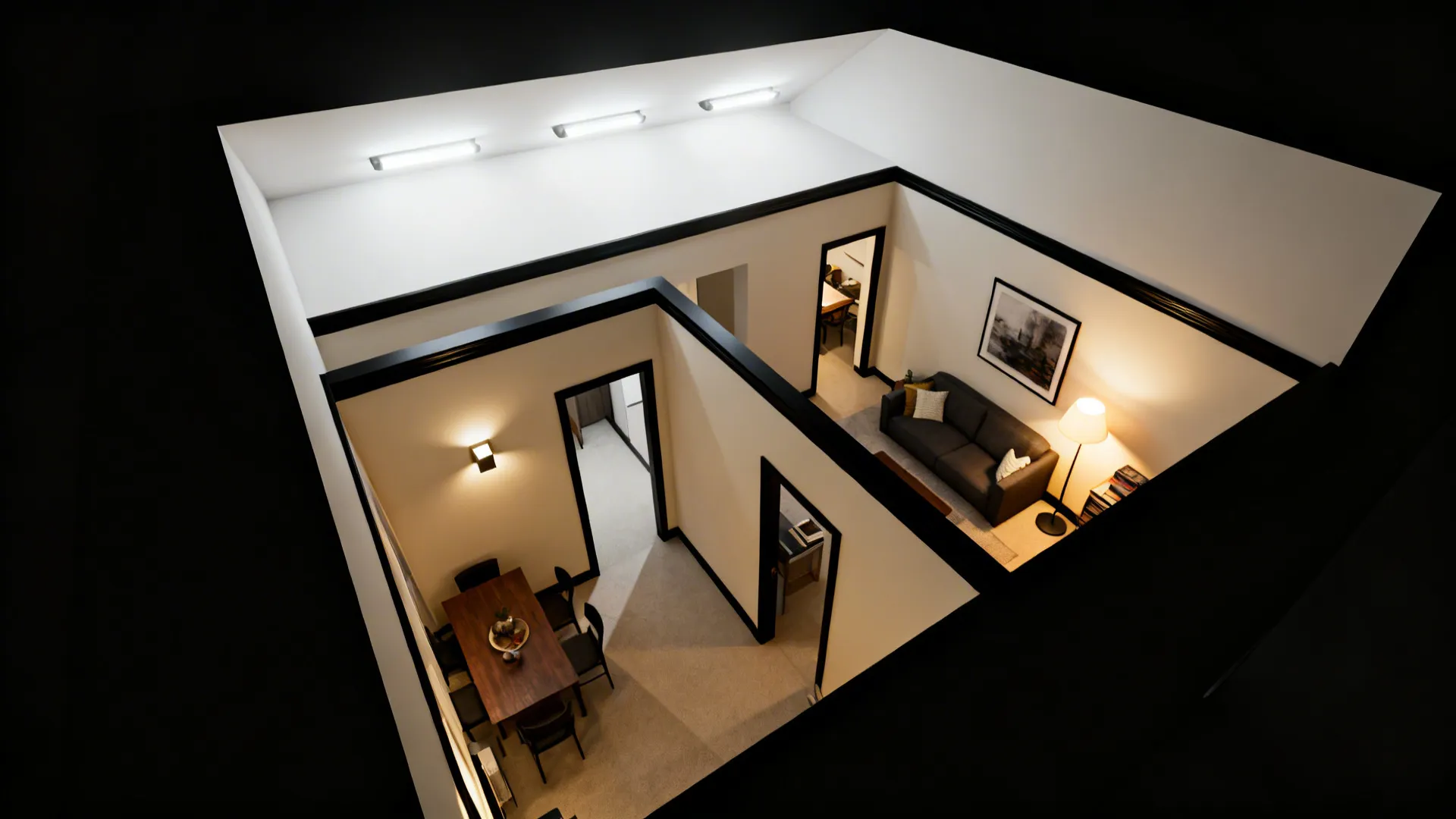 Top-down view of a small monochrome living room with ambient, task, and accent lighting zones.