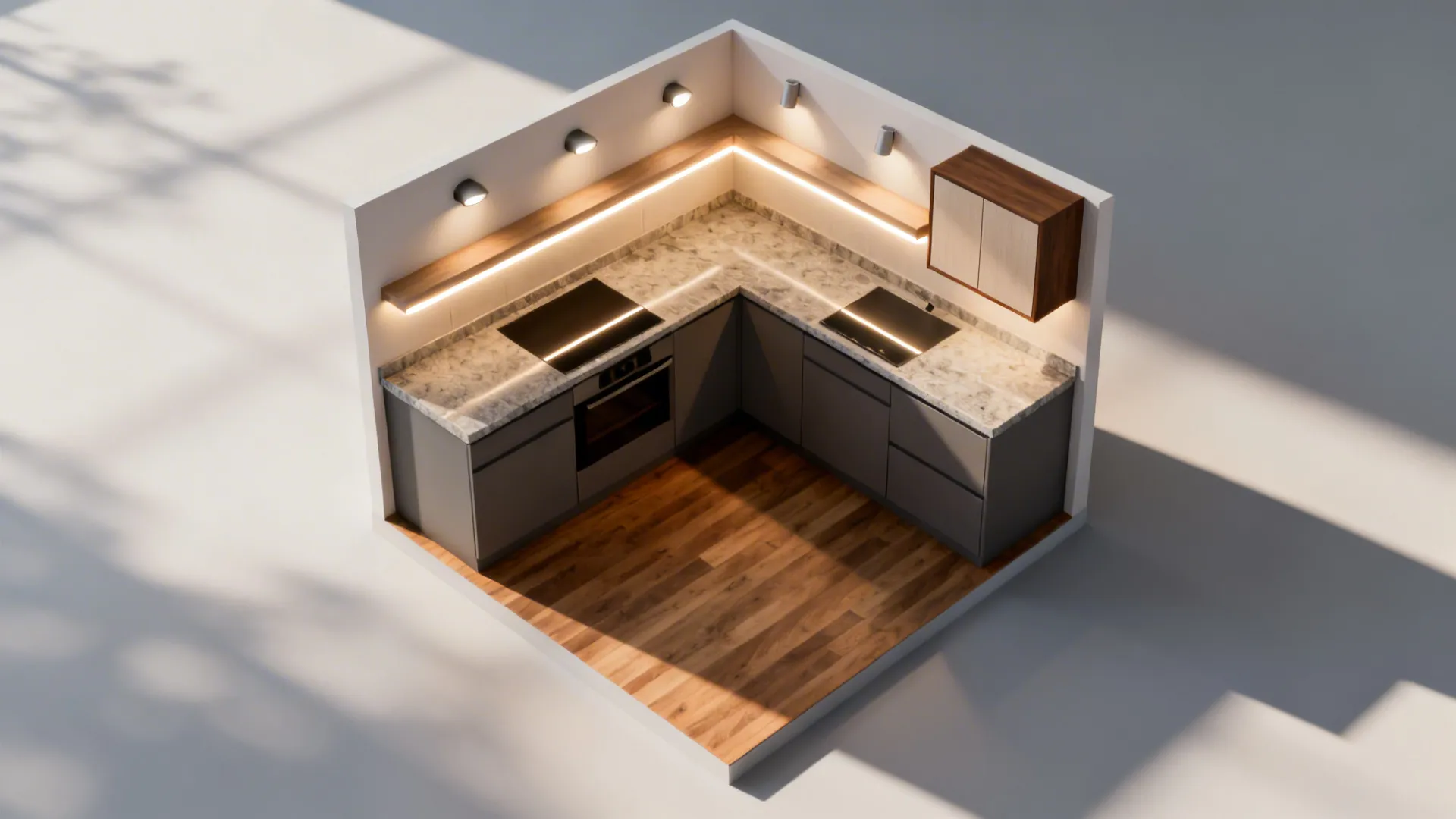 Top-down view mapping ambient, task, and accent lighting zones in a small kitchen.