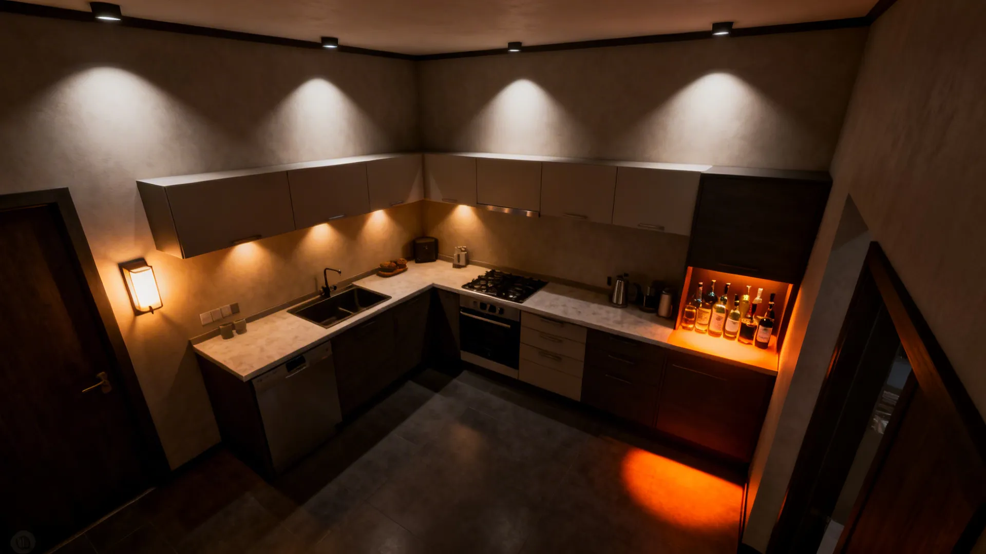 Top-down view showing ambient, task, and accent lighting pools in a small kitchen.