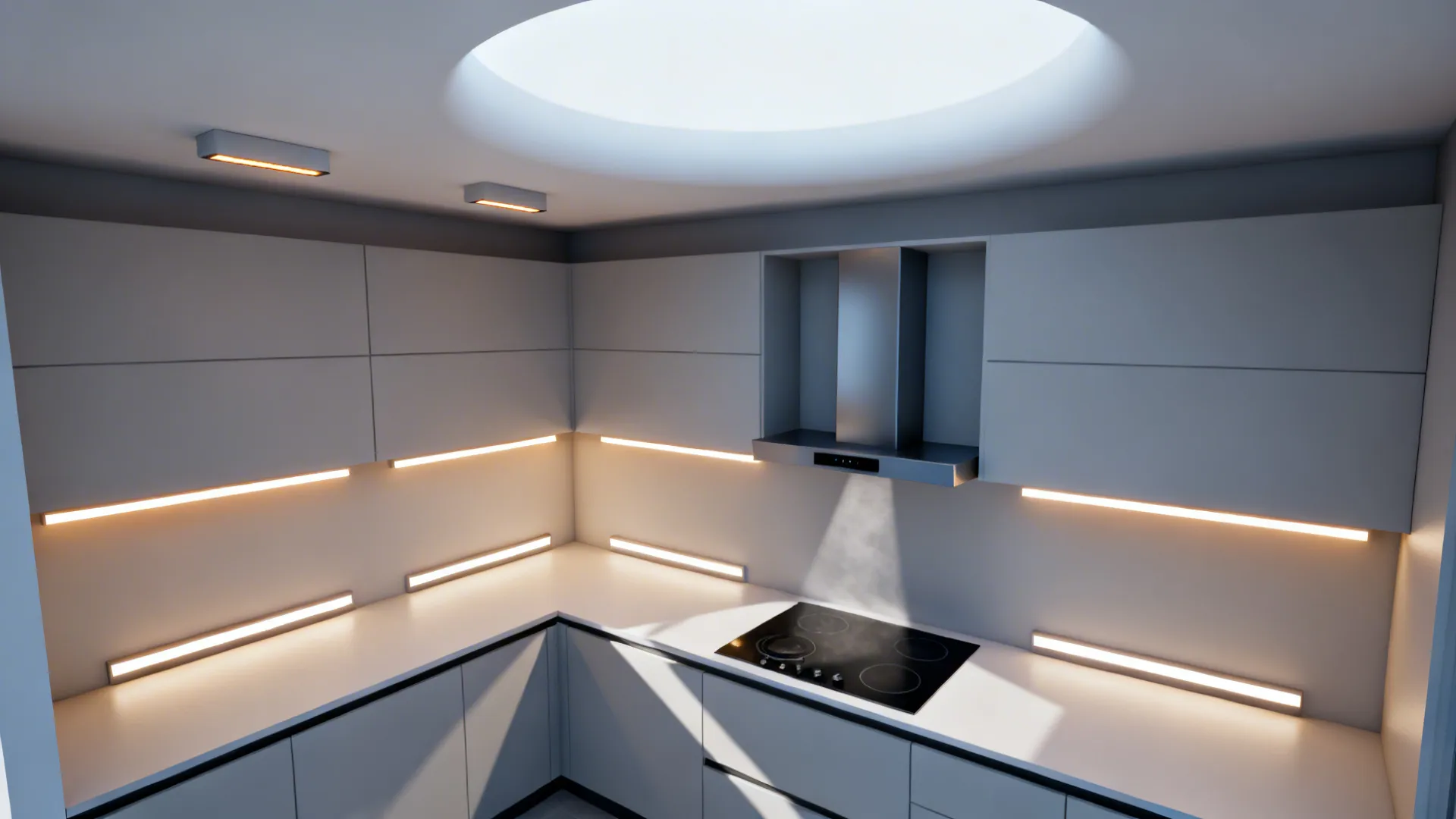 Modern kitchen corner with white cabinets, under cabinet light strips, stove, and round ceiling light