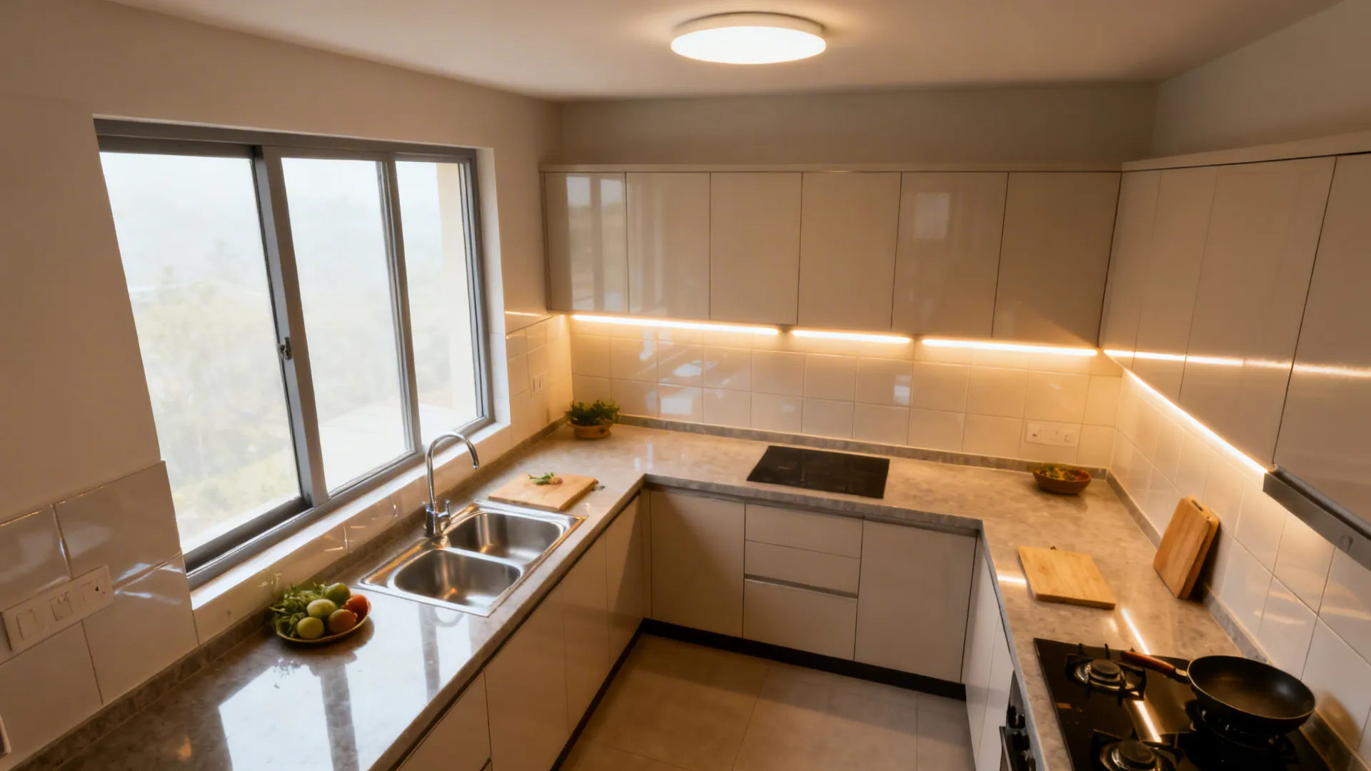 Top-down view showing daylight from a window and warm LED task lighting at prep and sink zones.