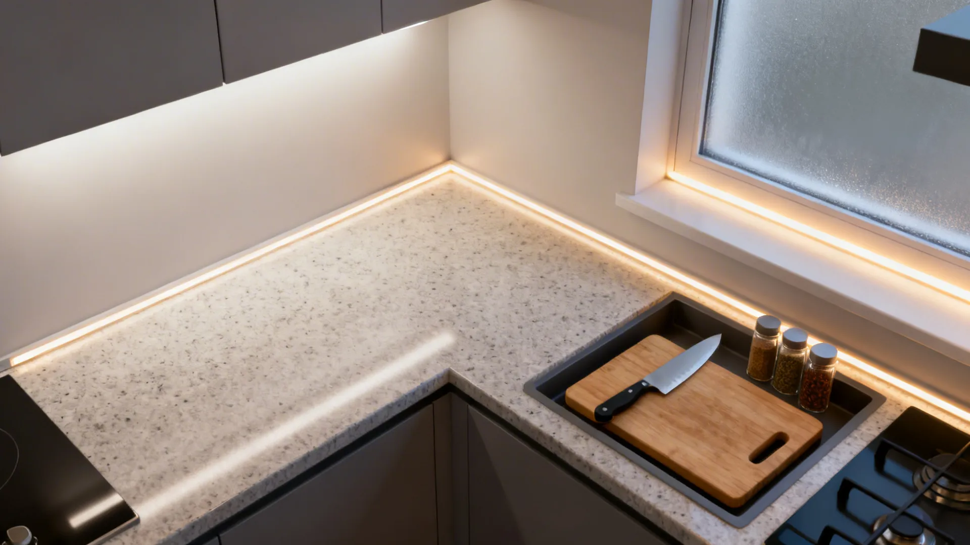 Top-down view showing task, ambient, and accent lighting zones on a kitchen counter.