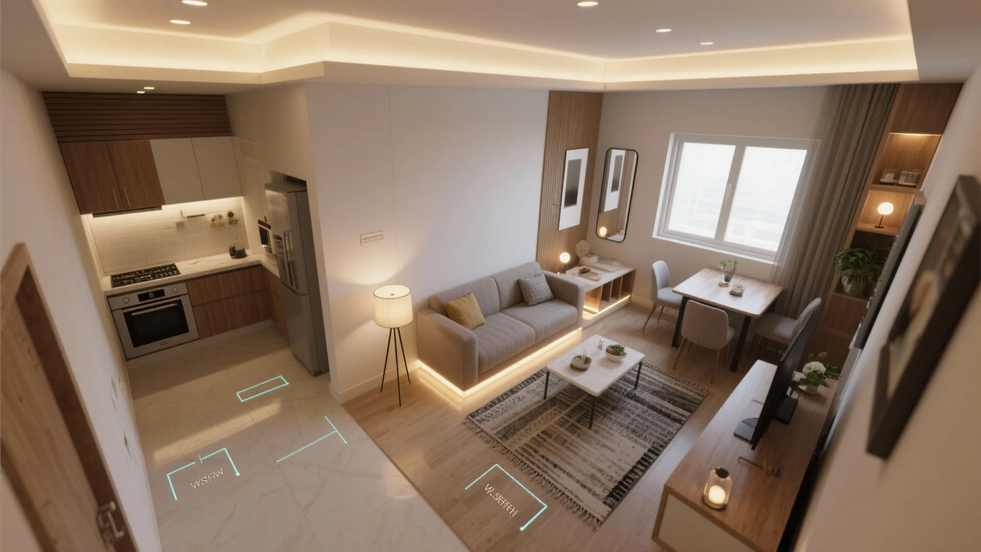 Light layering that doubles perceived space