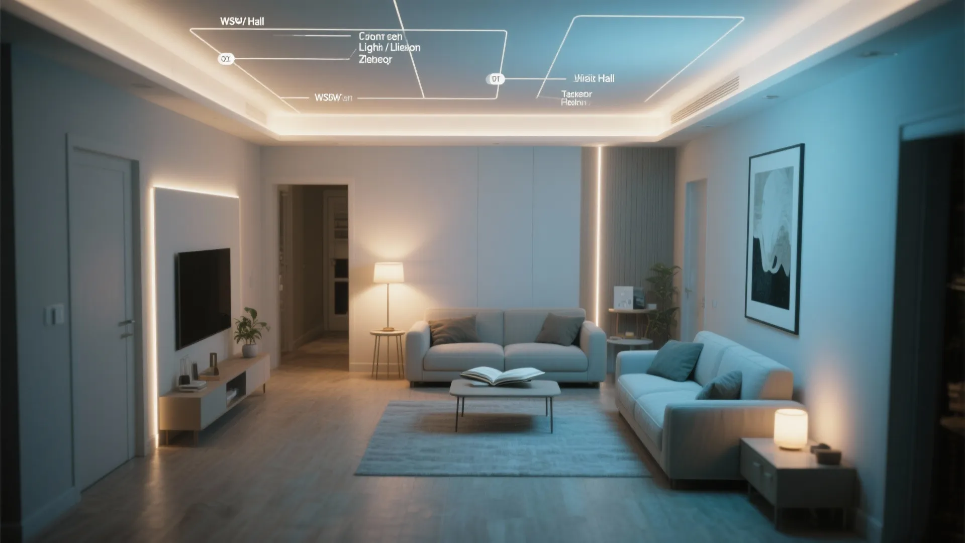 Top-down diagram of ambient, task, and accent lighting zones in a small living hall.
