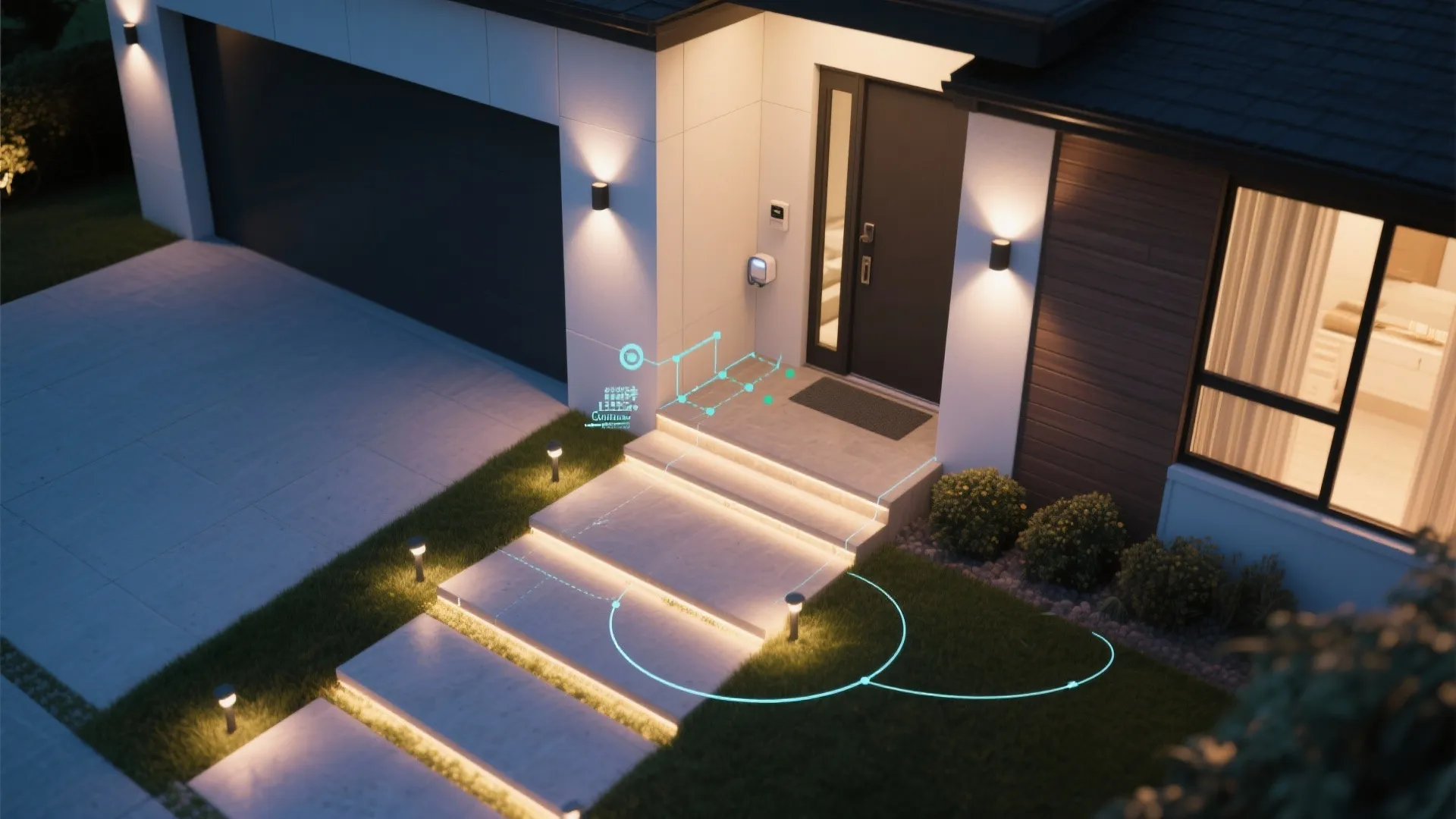 Modern house entrance at night with wall lights illuminating stone steps and a dark garage